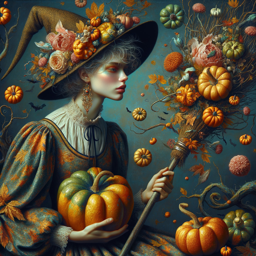 Whimsical Witch with Pumpkin and Autumn Decor