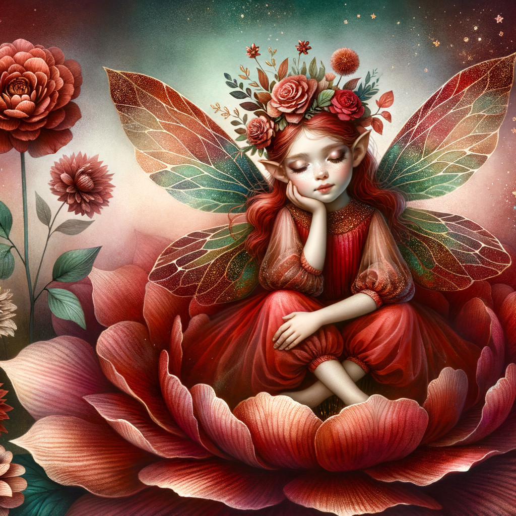 Whimsical fairy in vibrant red flower with delicate wings