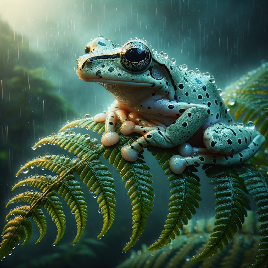 Close-up of a green frog on a fern leaf in rainforest