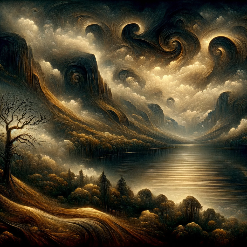 Surreal Landscape with Mountains and Tranquil Lake