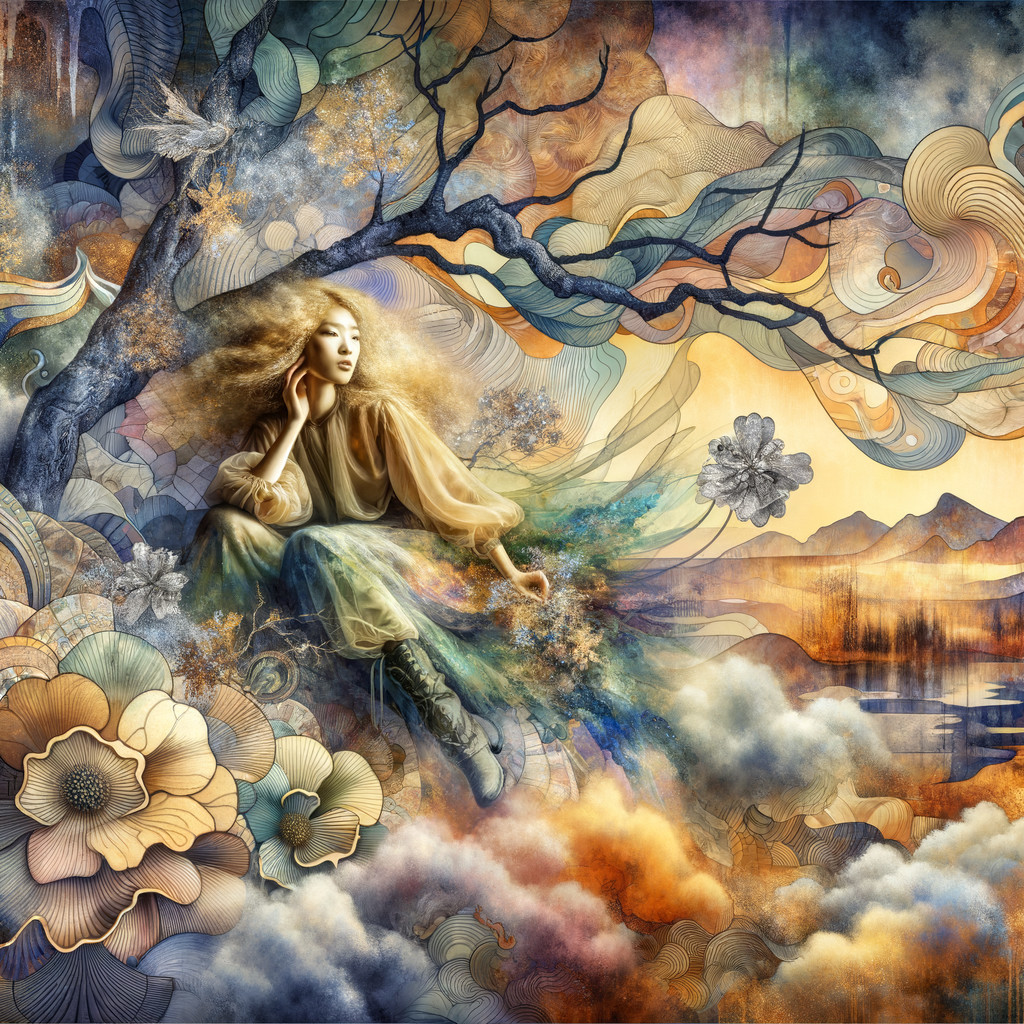 Whimsical Scene of a Woman Among Clouds and Flowers