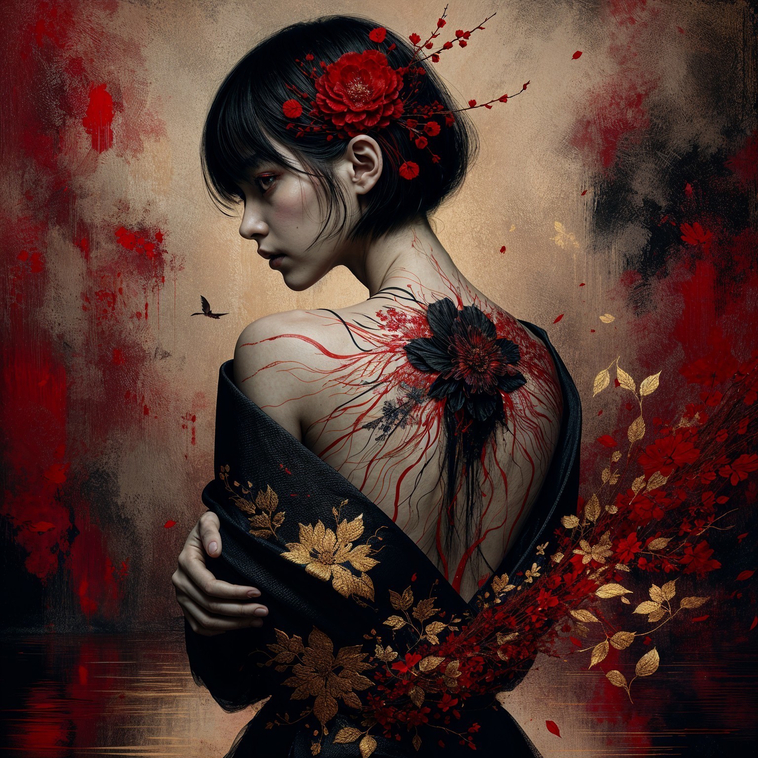 Portrait of a Young Woman with Floral Tattoos and Background