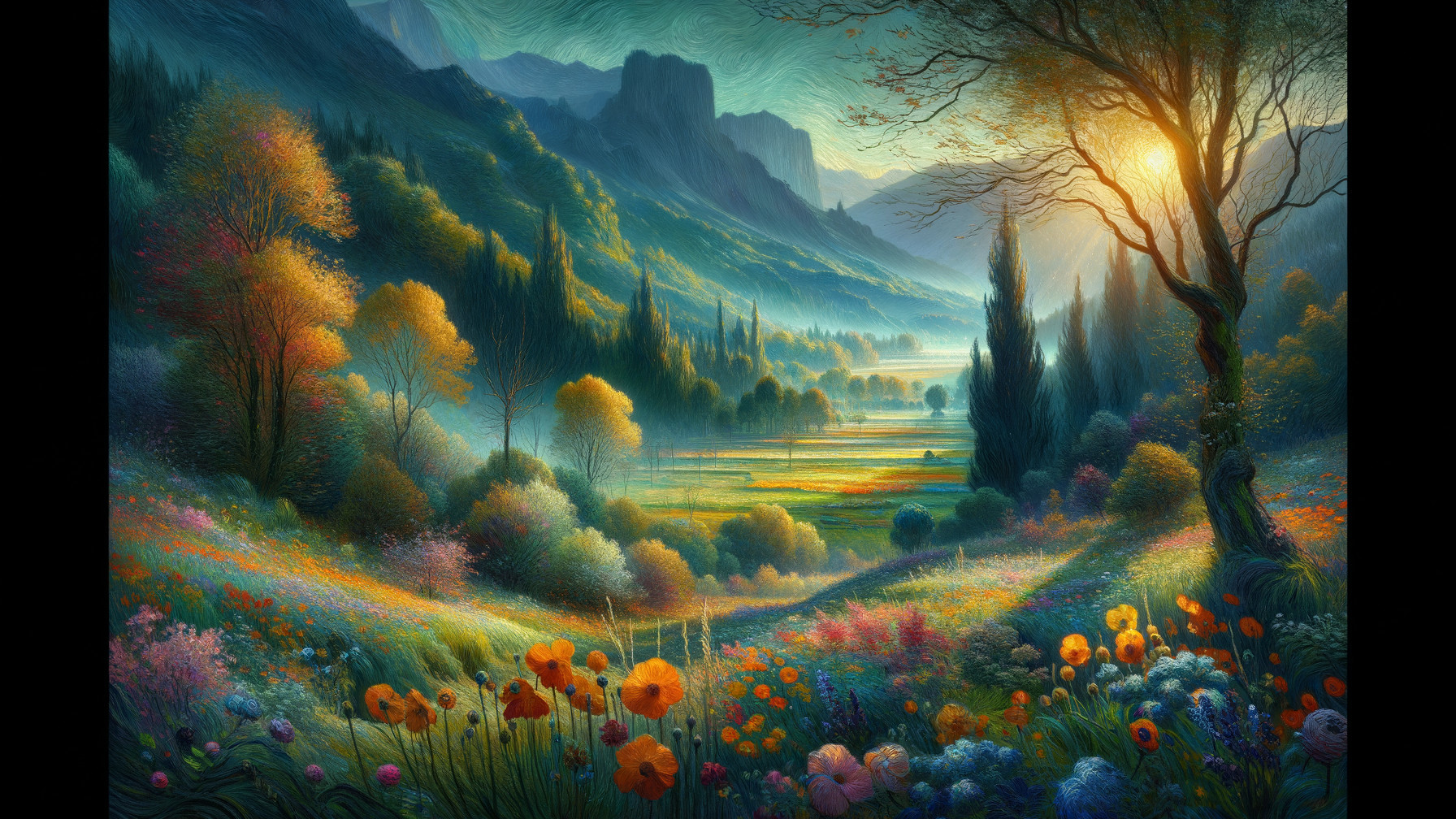 Vibrant Dawn Landscape with Colorful Wildflowers