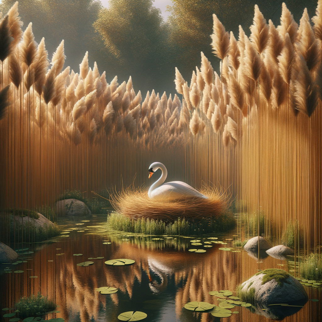 Serene Swan Nesting in a Golden Landscape Pond