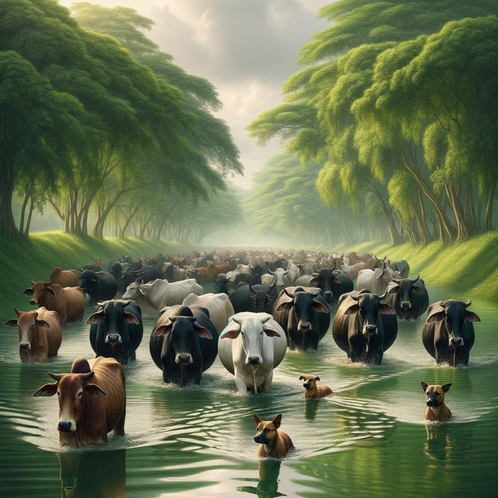 Cows Wading in Tranquil River Surrounded by Trees