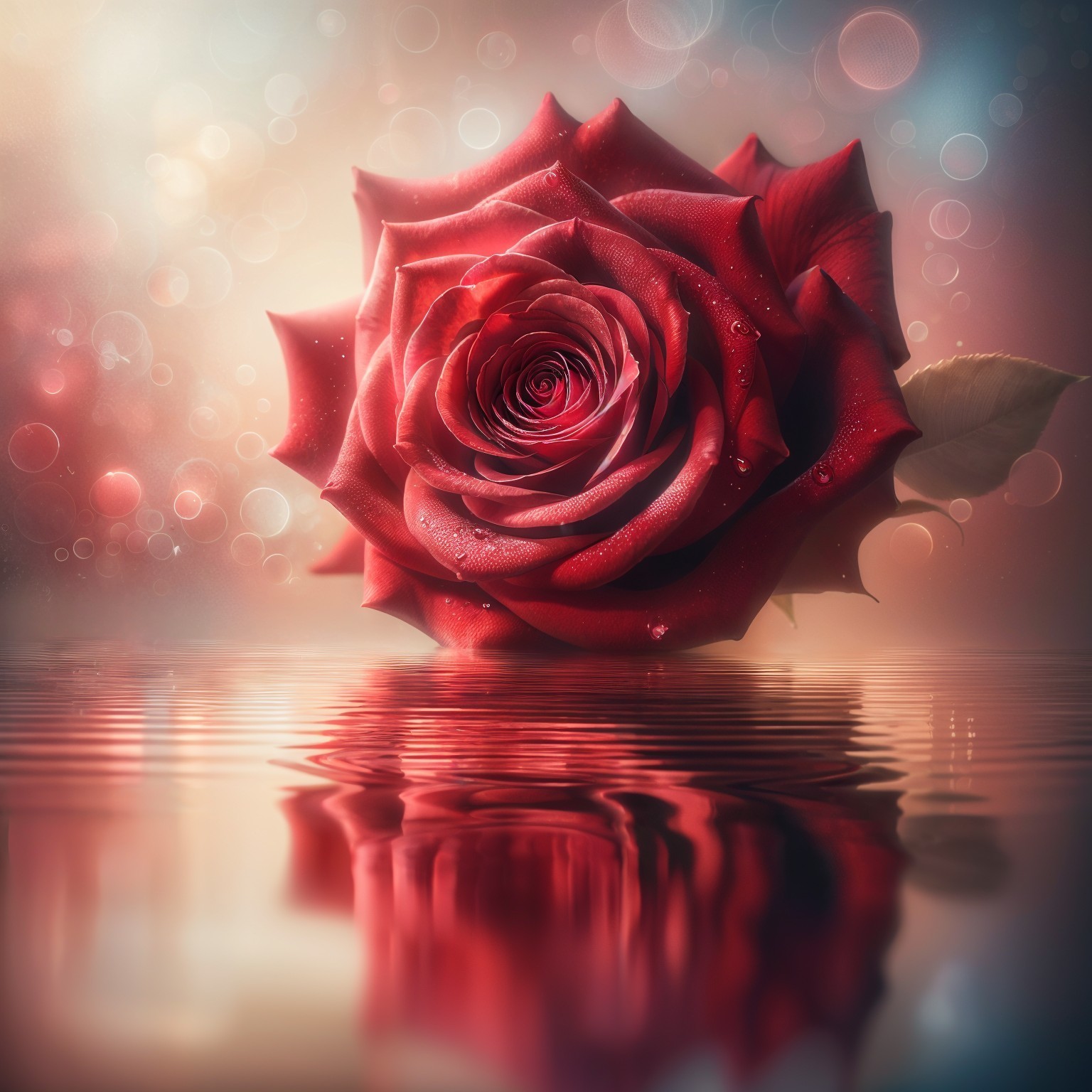 Red Rose with Water Droplets and Dreamy Background