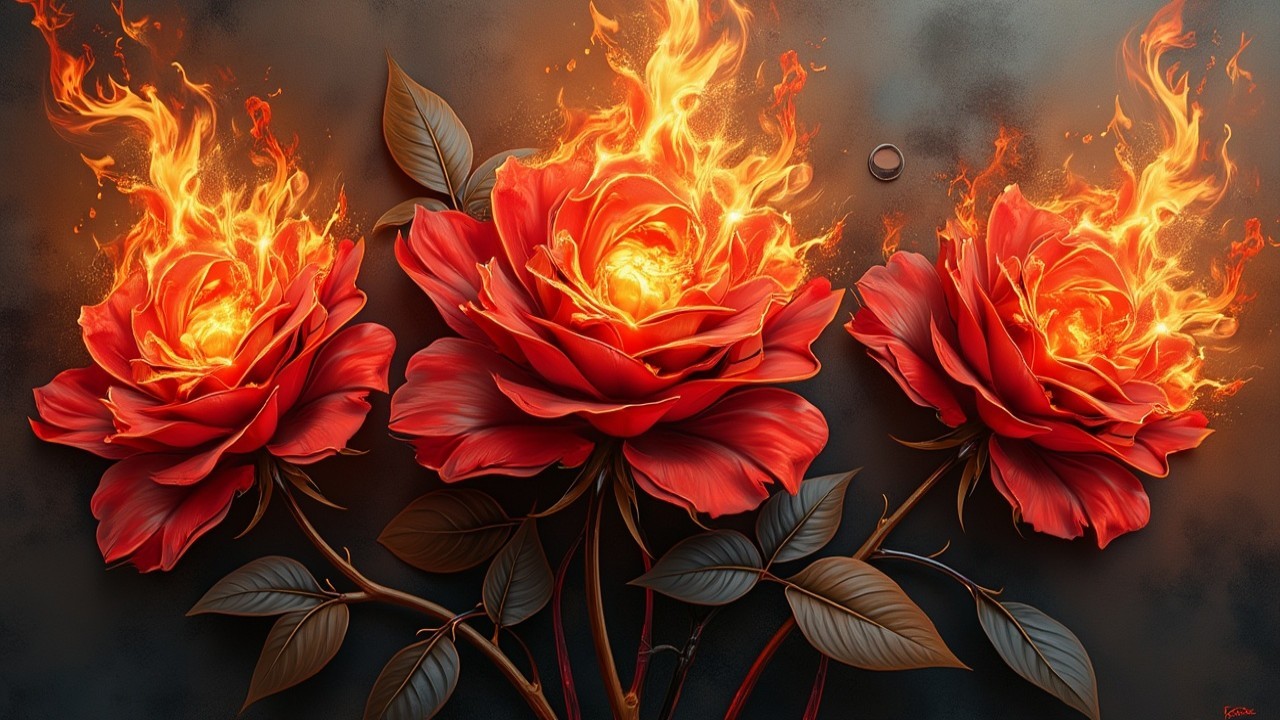 Vibrant Red Roses with Fiery Petals on Dark Background
