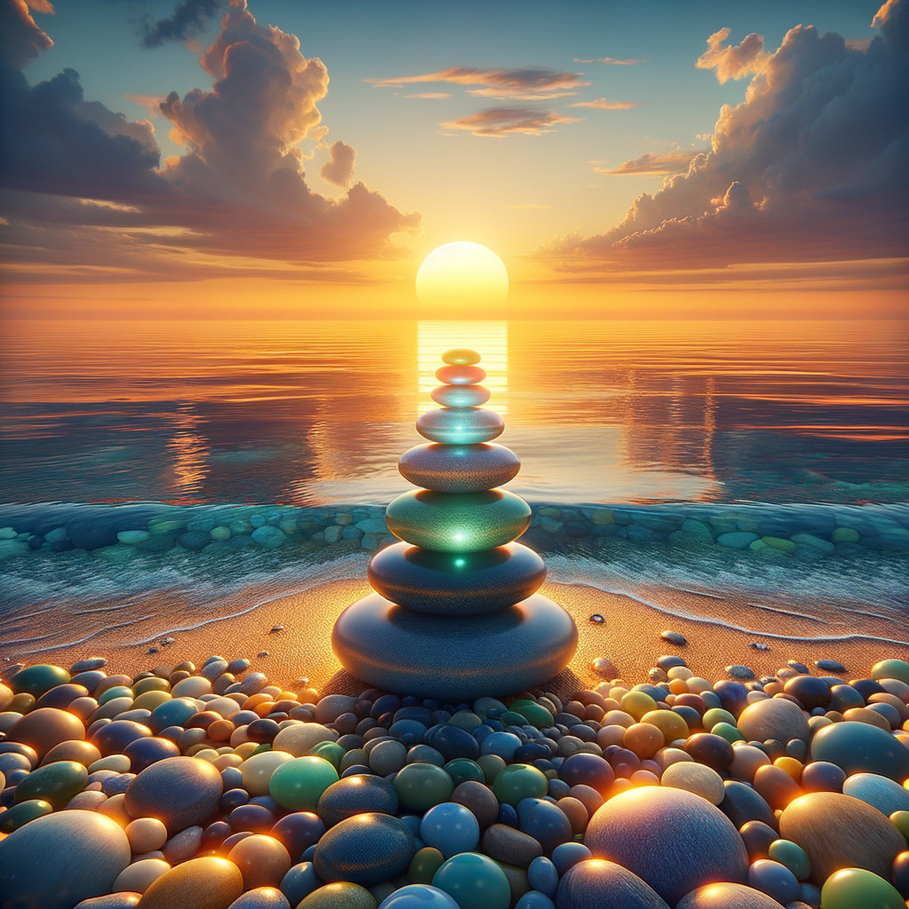 Balanced Stones on a Serene Beach at Sunset