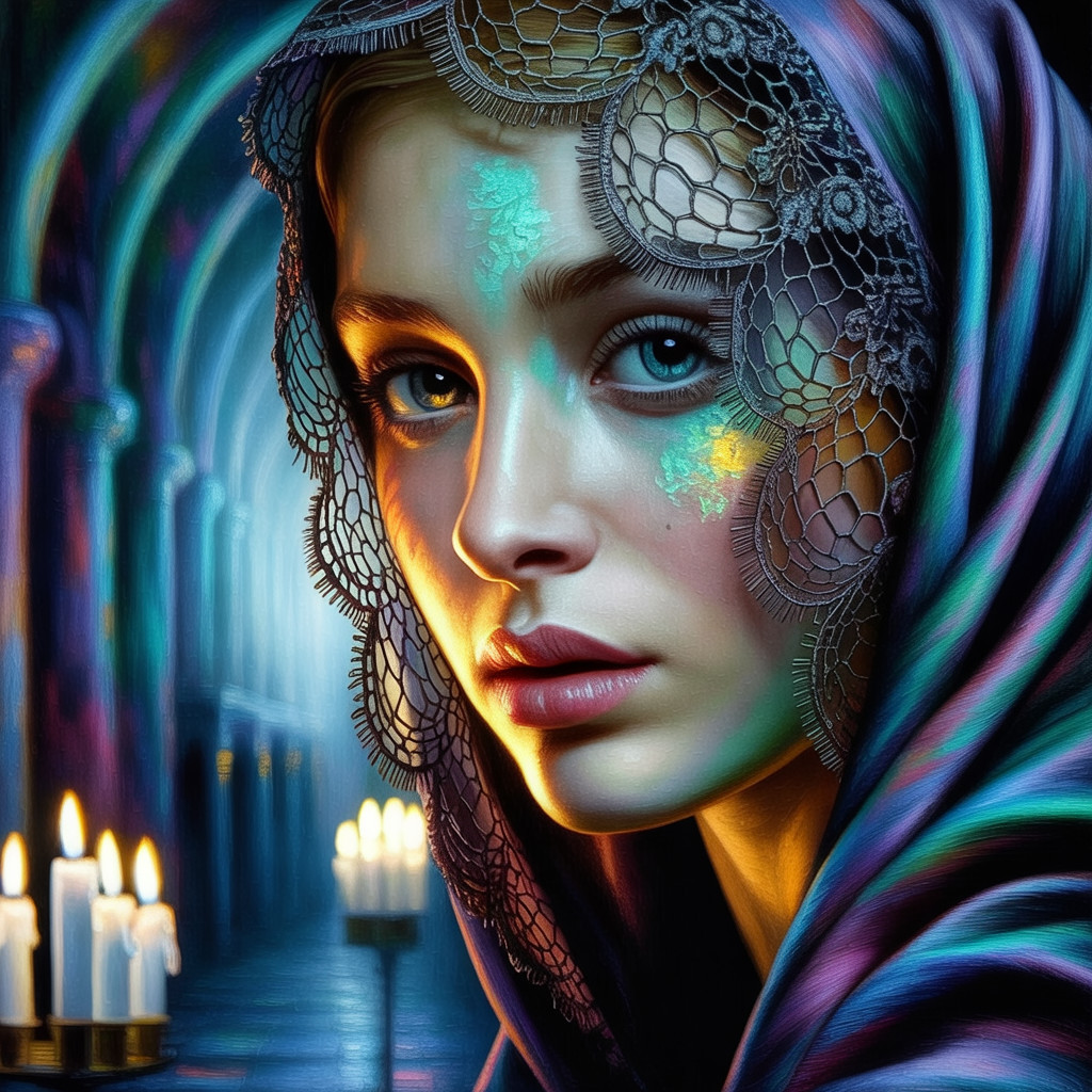 Young Woman in Lace Veil with Candlelight Glow