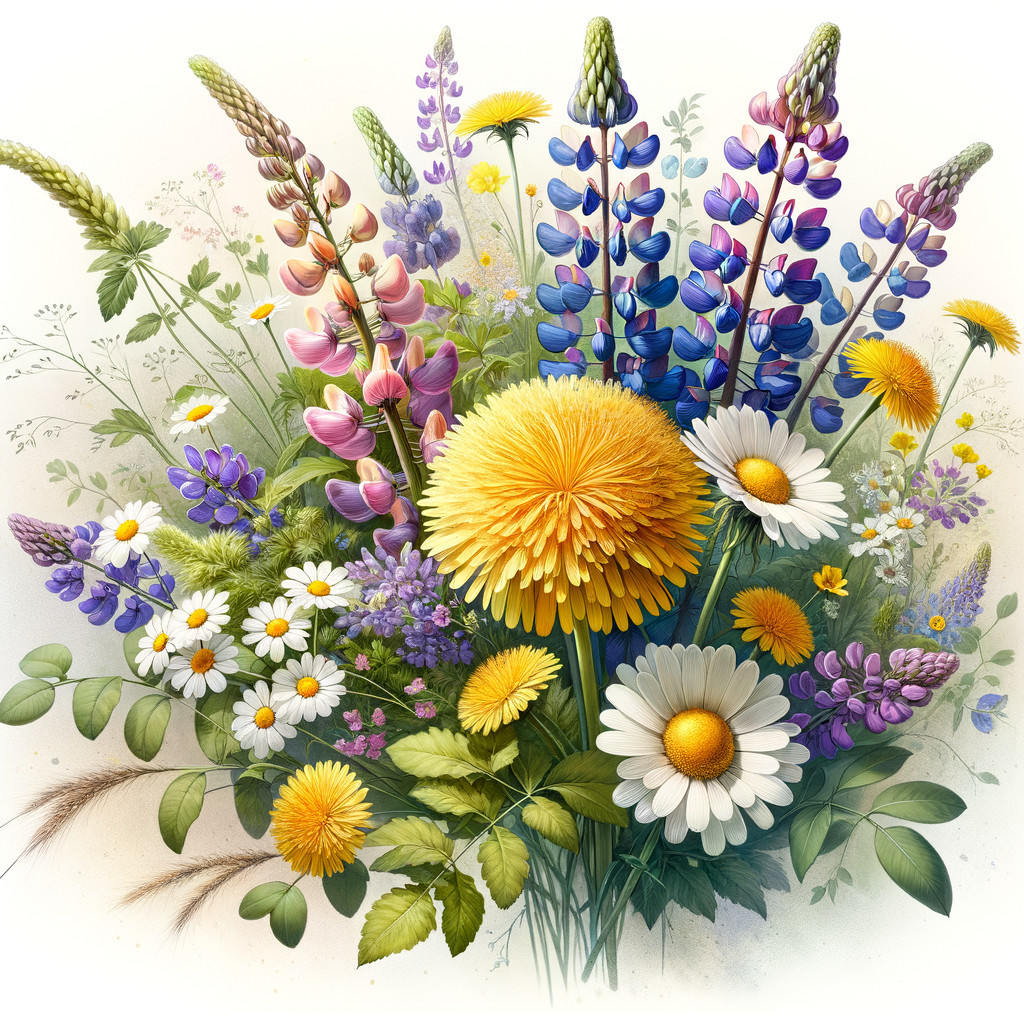 Vibrant Wildflower Bouquet with Dandelions and Lupins