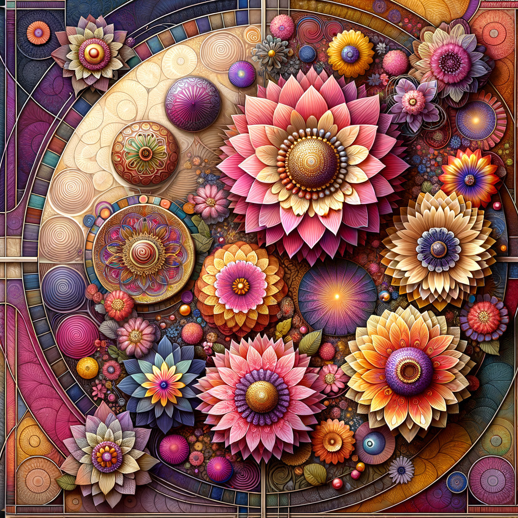 Vibrant Composition of Stylized Flowers and Patterns