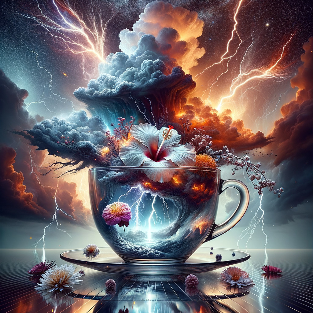 Surreal Teacup Scene with Stormy Landscape and Clouds