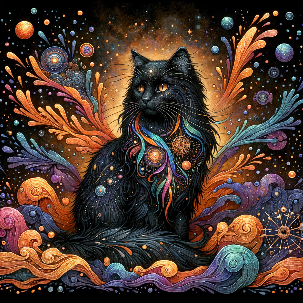 Mystical Black Cat in a Colorful Cosmic Scene