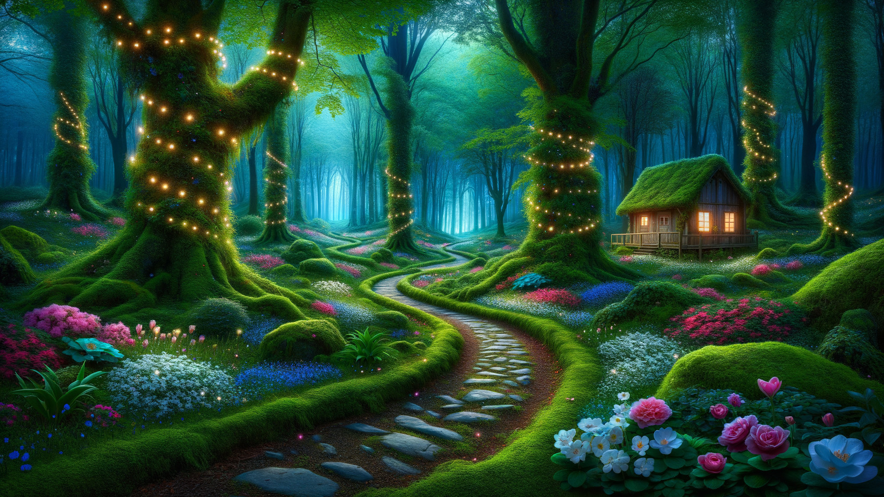 Mystical forest with enchanting cottage and vibrant flora