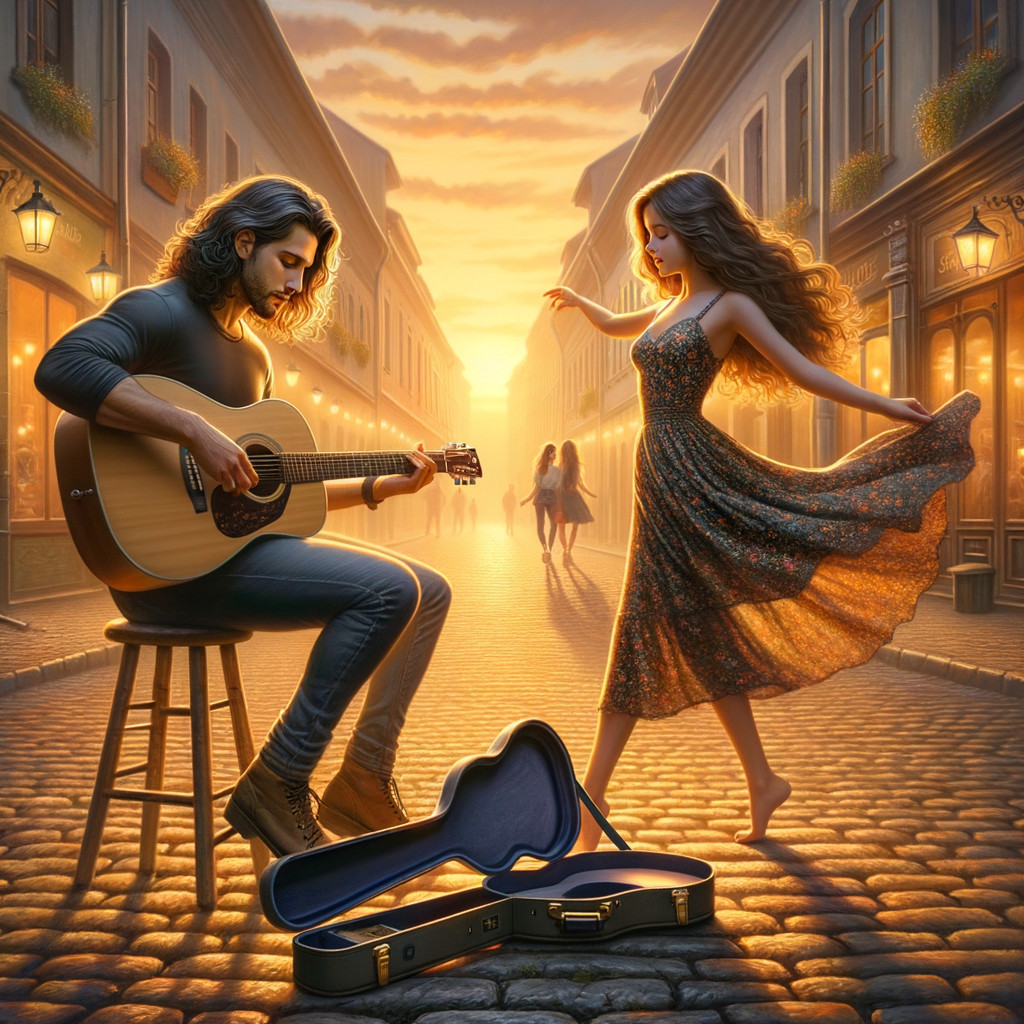 Sunset Scene with Guitarist and Dancer on Cobblestone Street