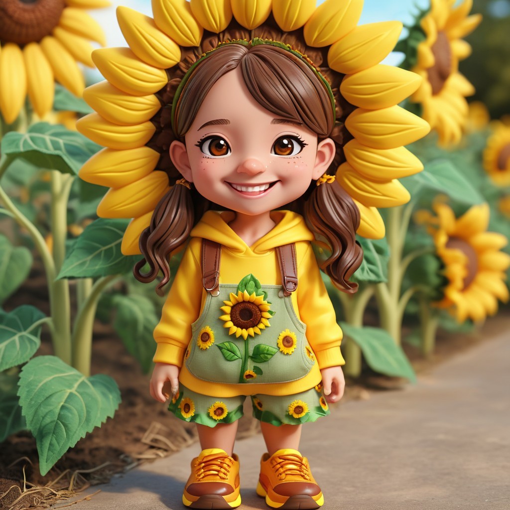 Young girl in sunflower field with vibrant outfit