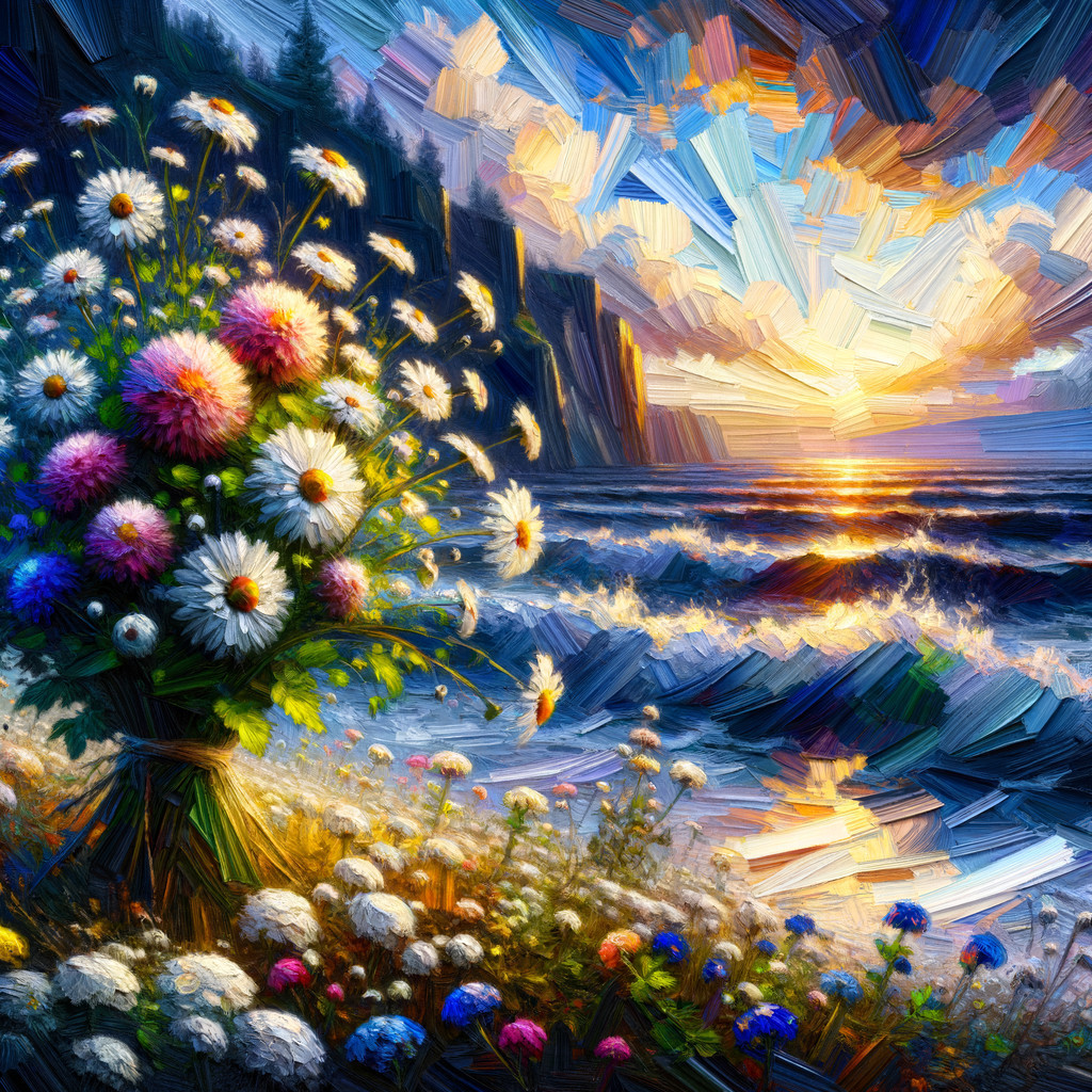 Vibrant bouquet by tranquil seashore at sunset