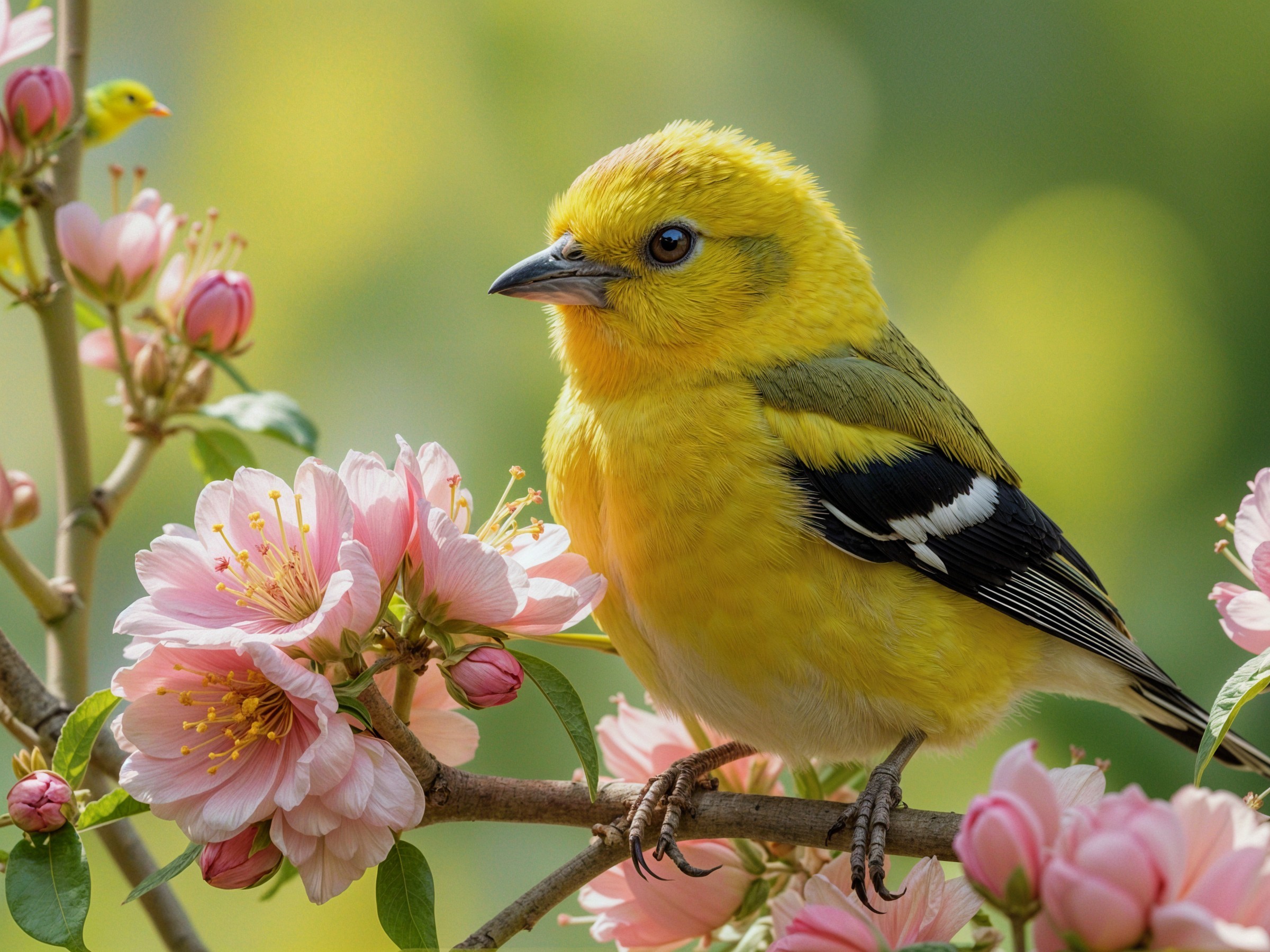 Yellow Bird on Branch with Pink Blossoms and Greenery