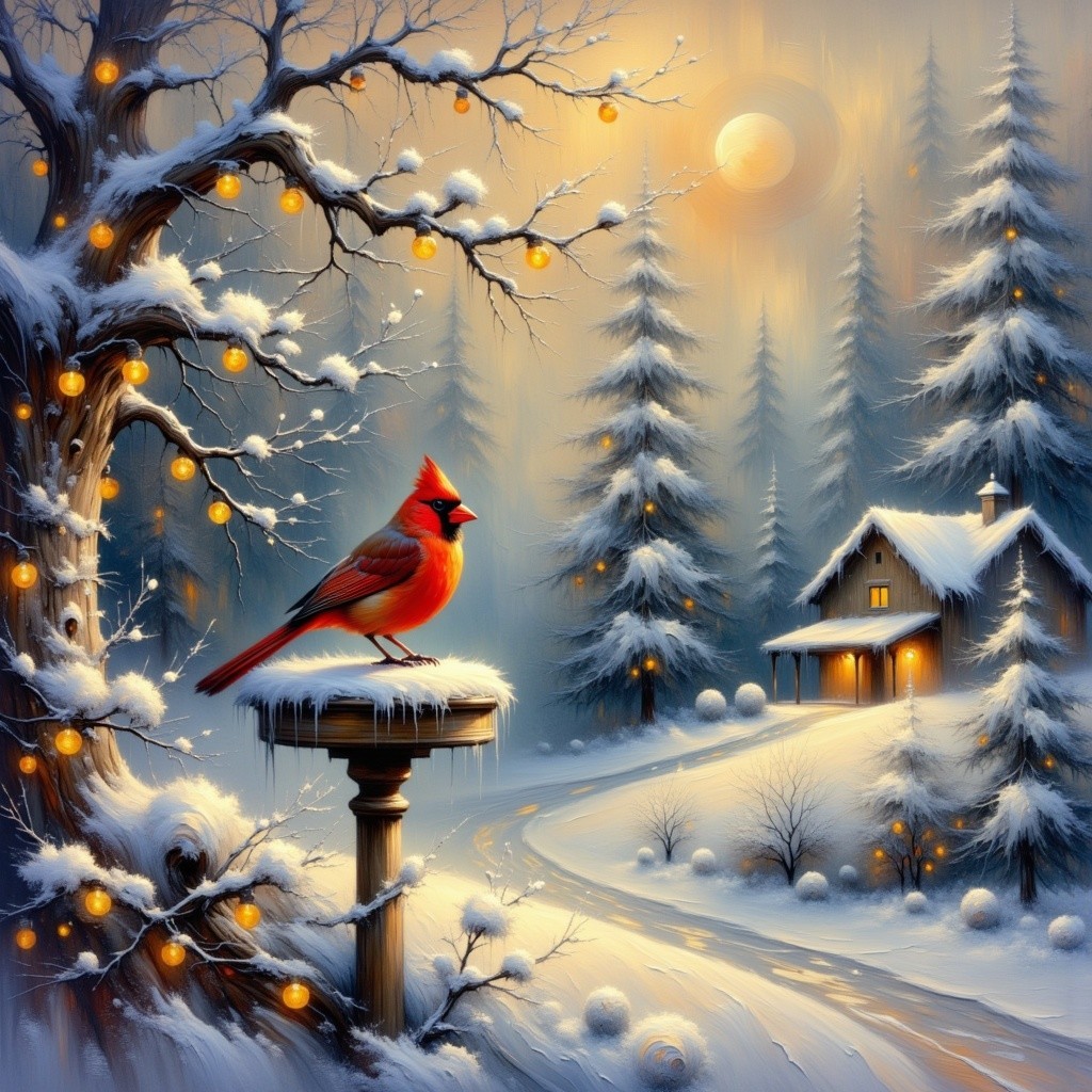 Red Cardinal in Winter Landscape with Cabin and Lights