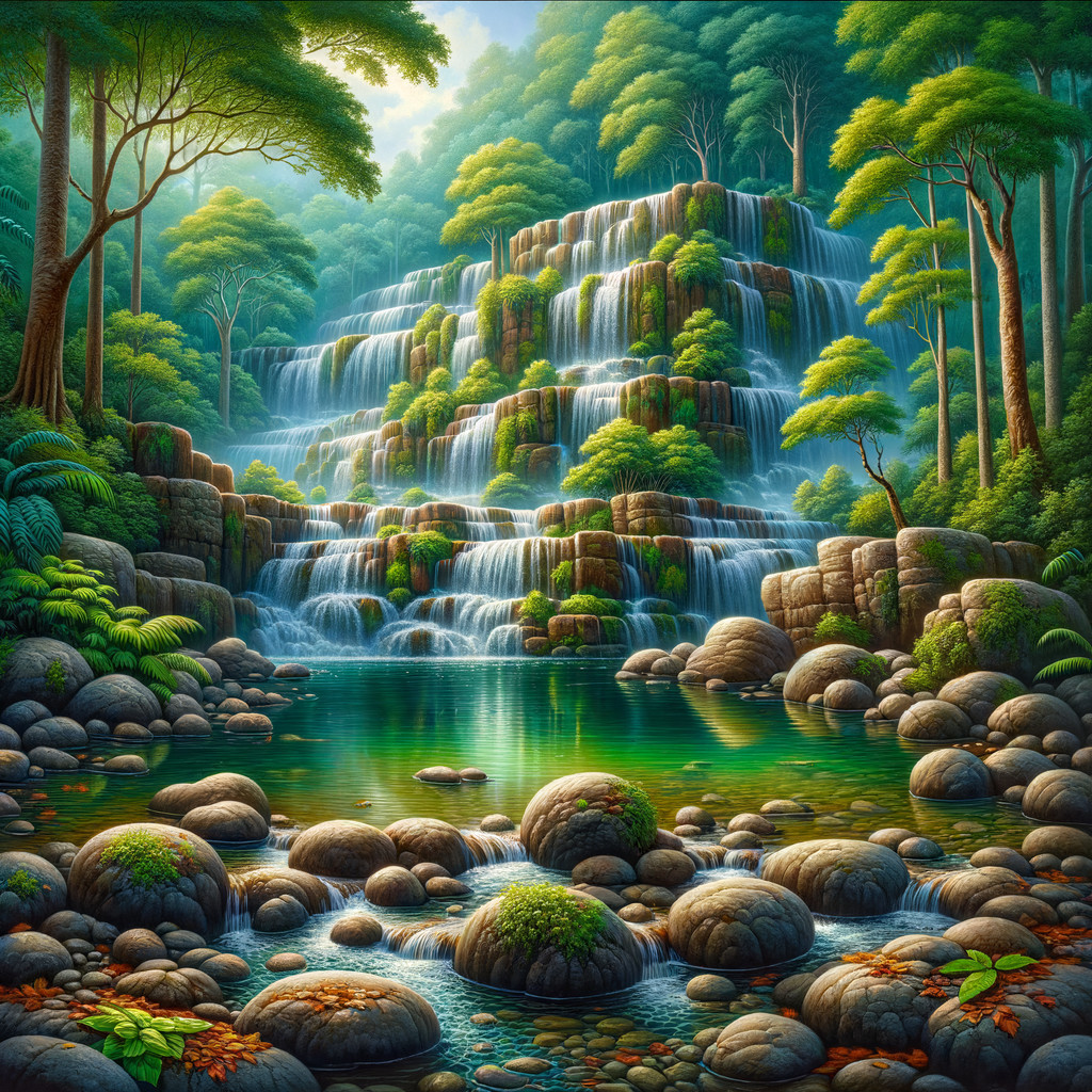Cascading Waterfalls in a Lush Green Landscape