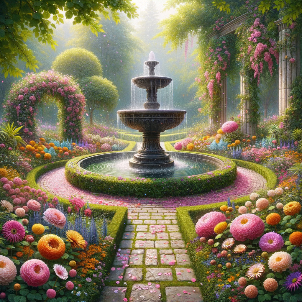 Ornate Fountain in Lush Garden with Vibrant Flowers