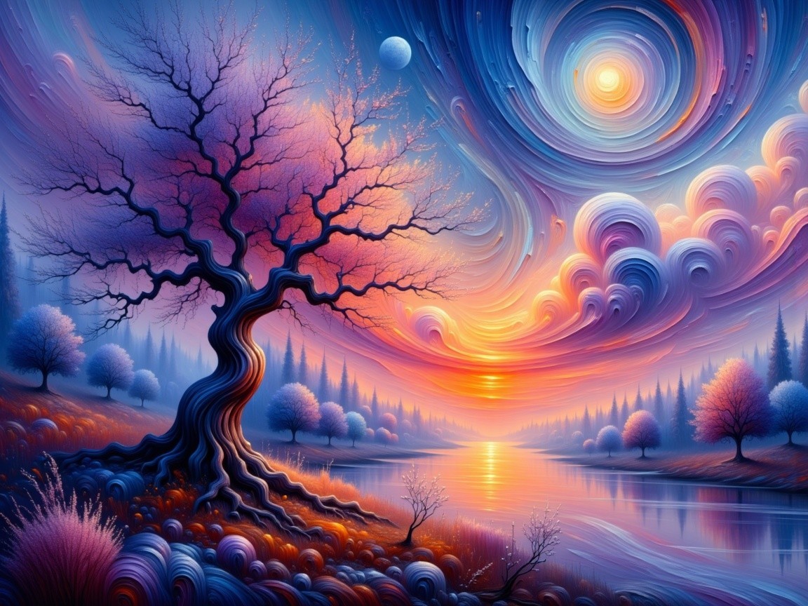 Surreal Landscape with Twisted Tree and Vibrant Sky