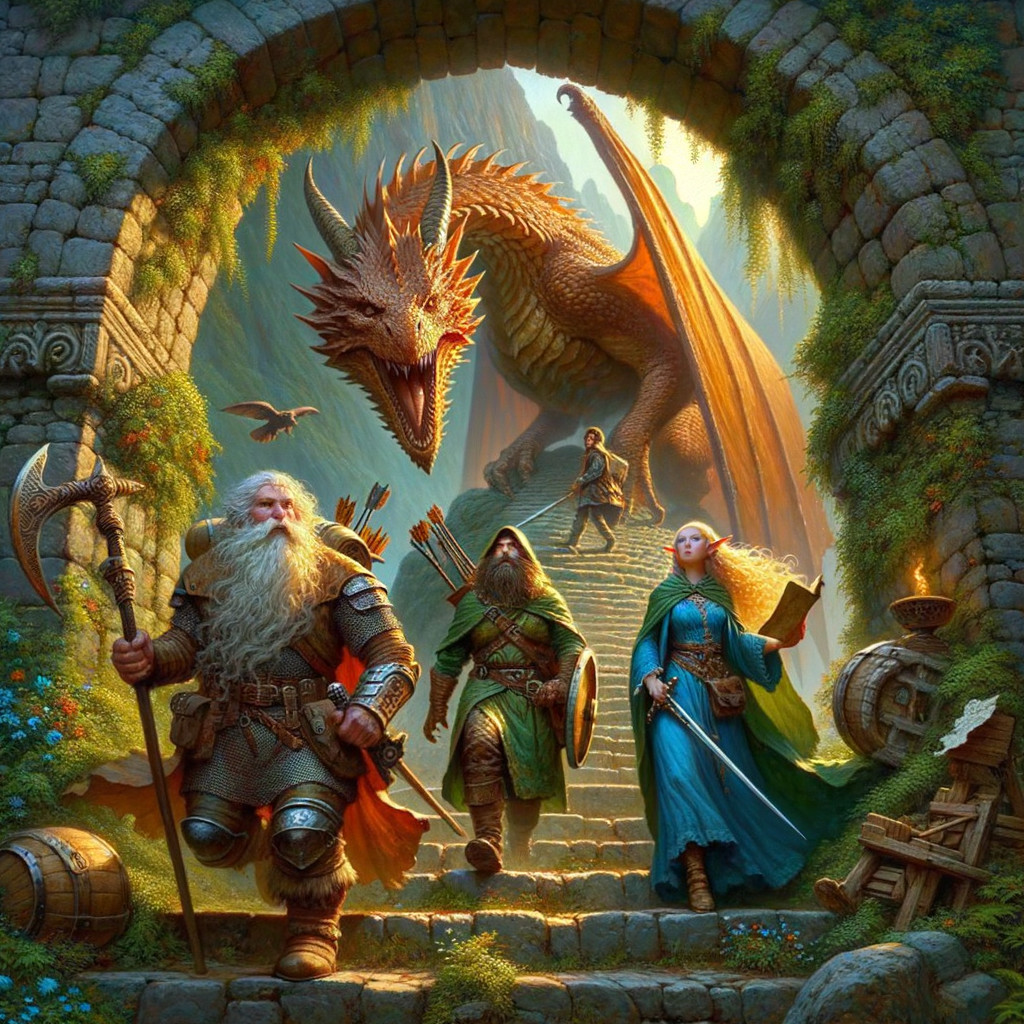 Dragon Above Stone Archway with Adventurers Below