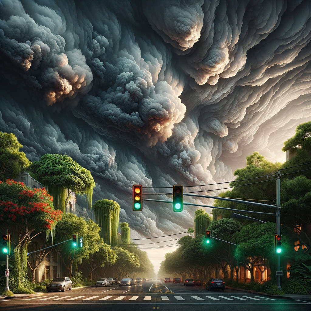 Vibrant Urban Scene with Lush Trees and Dark Clouds