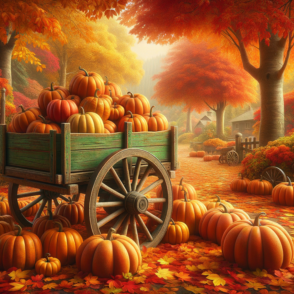 Autumn Scene with Pumpkins and Colorful Foliage