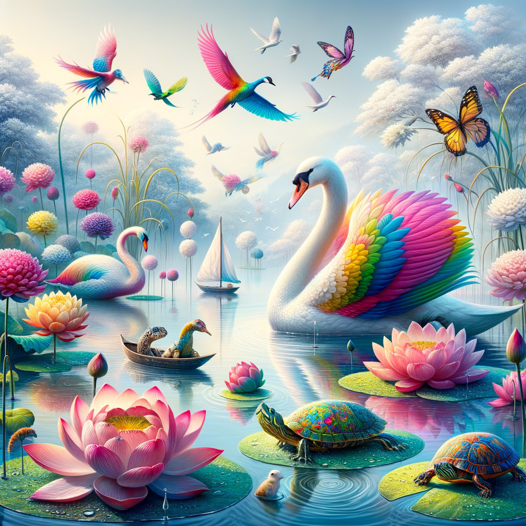 Vibrant Landscape with Swans and Lotus Flowers