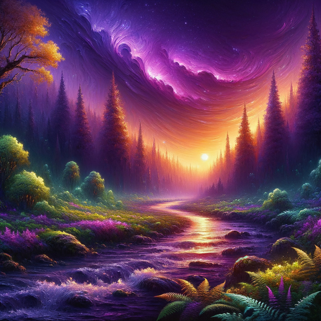 Surreal Landscape with River and Colorful Vegetation