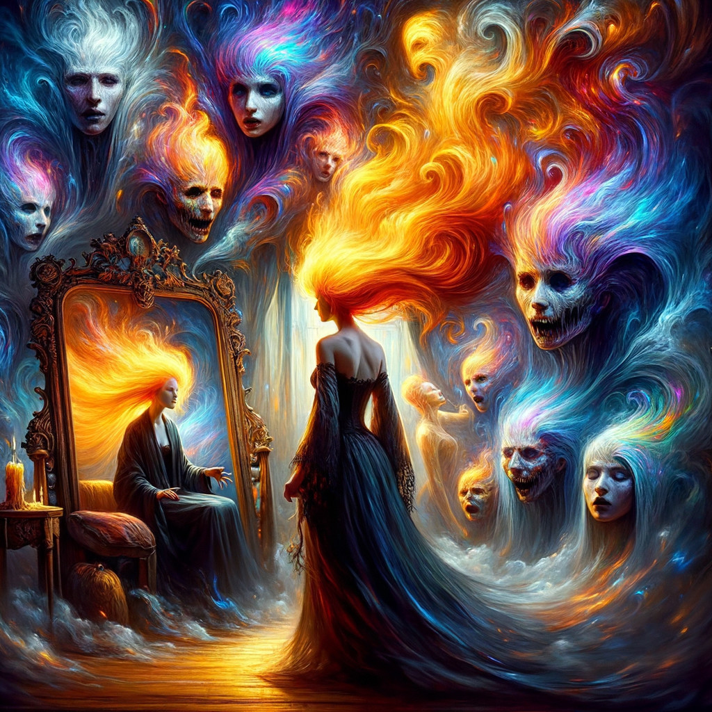 Surreal Scene with Mysterious Figure and Ethereal Faces
