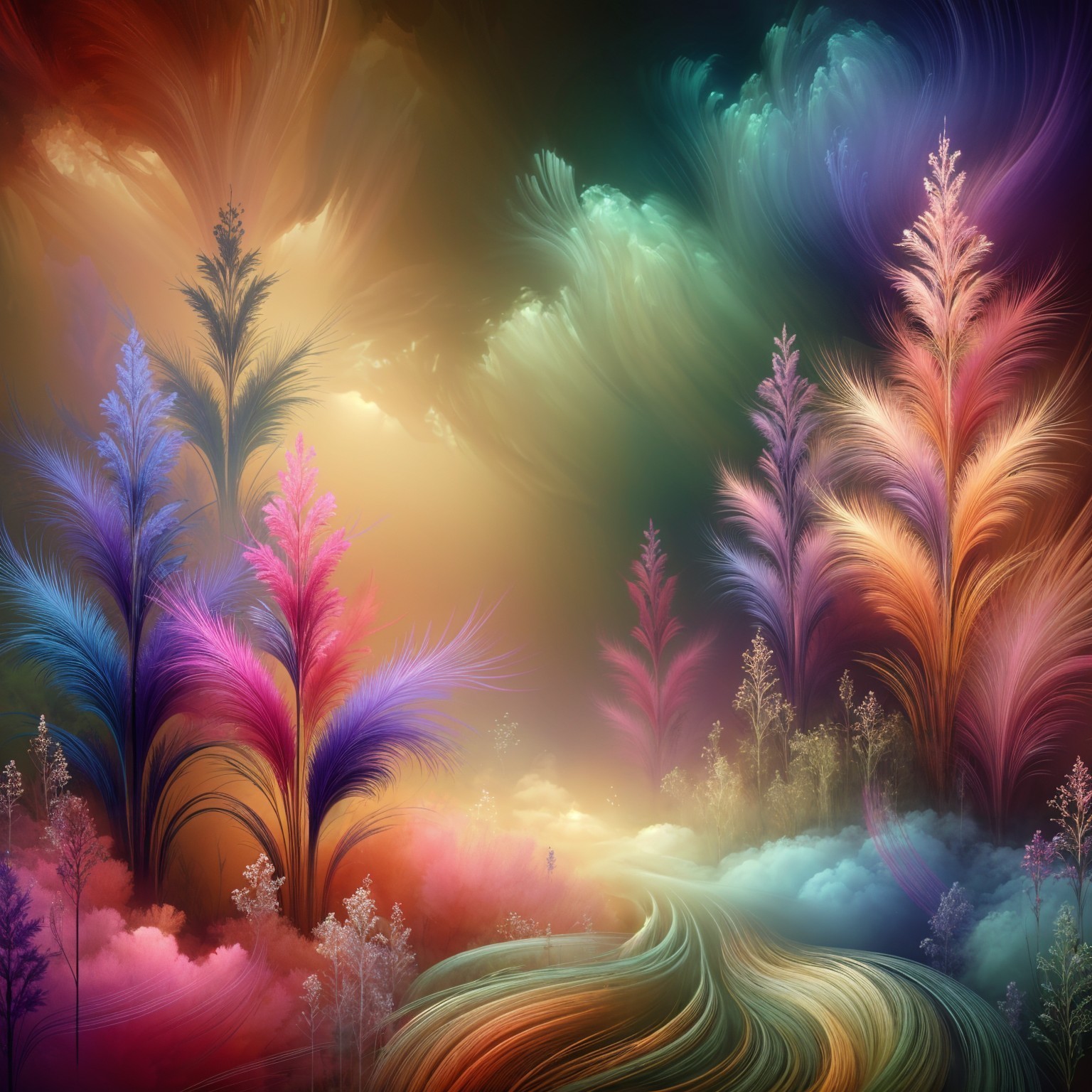 Vibrant Dreamy Landscape with Colorful Swirling Clouds