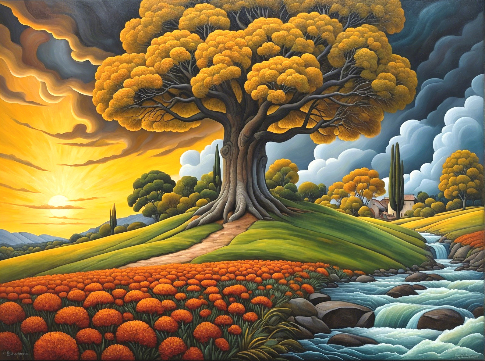 Vibrant Landscape with Golden Tree and Sunset Sky