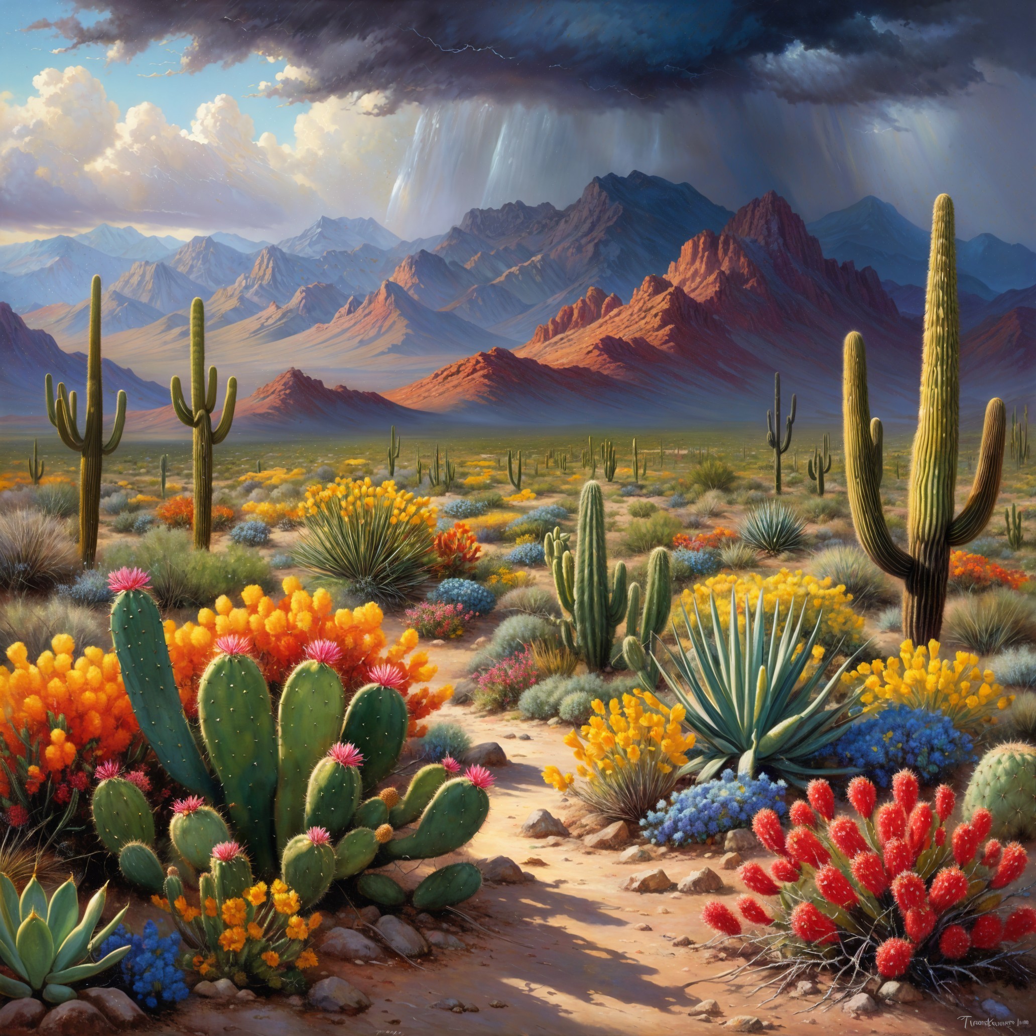Vibrant Desert Landscape with Wildflowers and Cacti