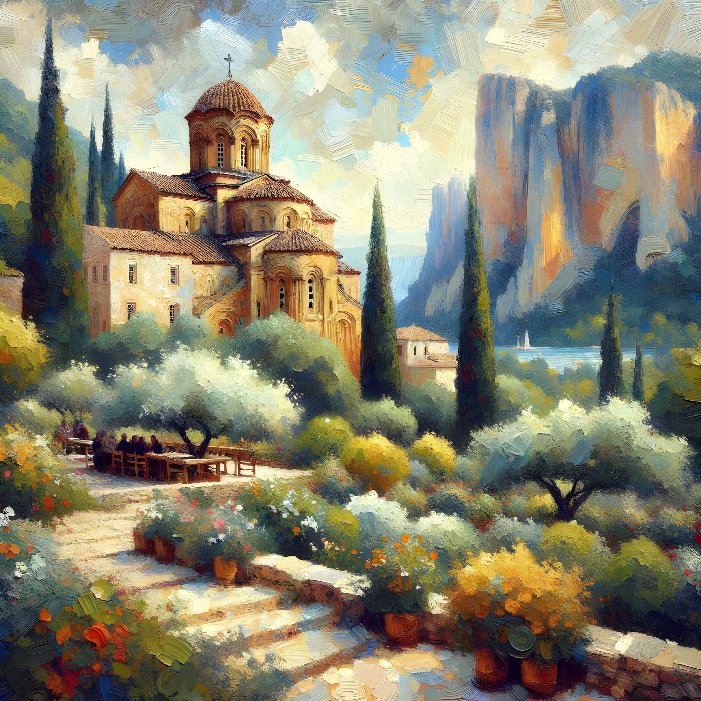 Medieval Church in Serene Landscape with Cliffs and Garden