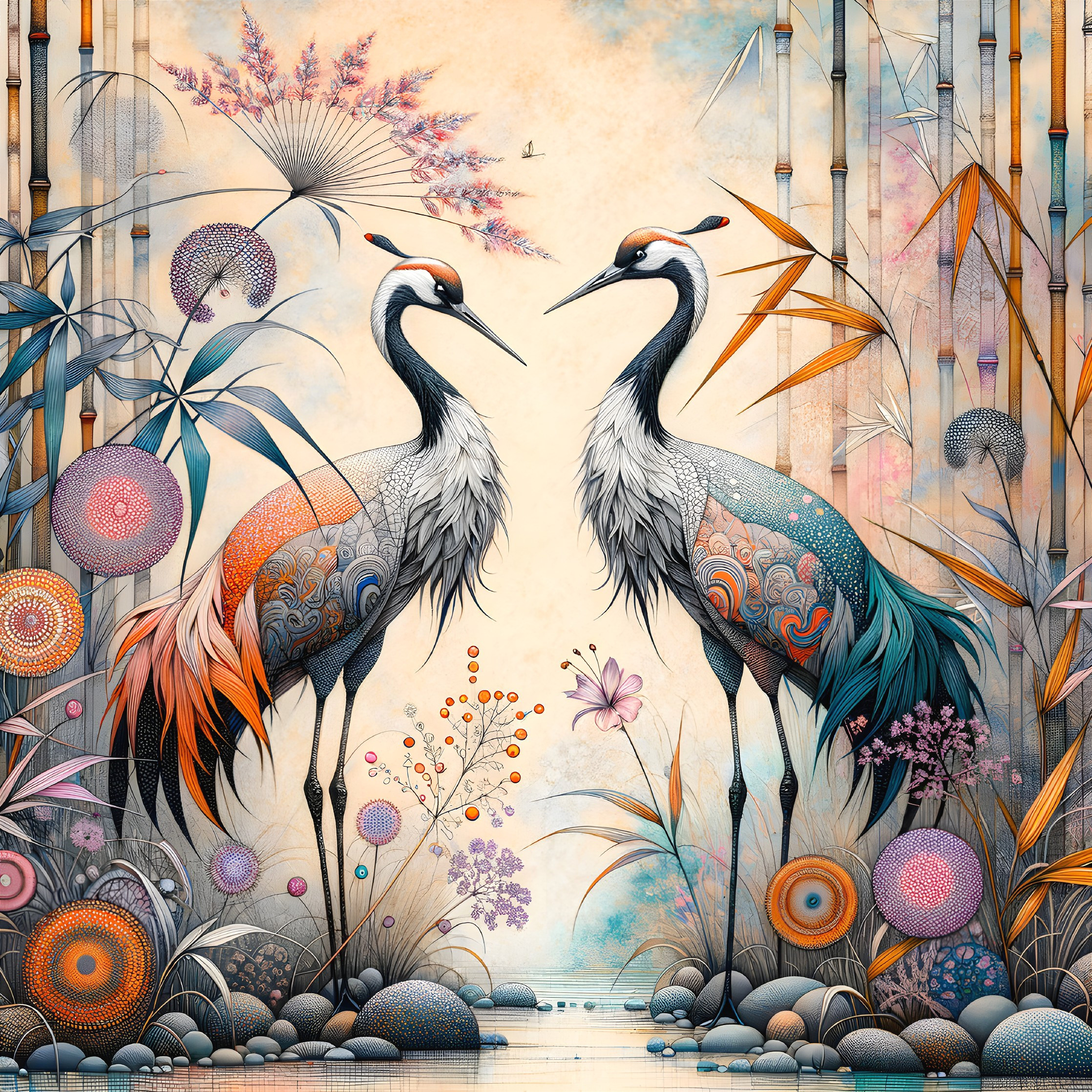 Elegant Cranes in Artistic Nature Setting with Flora