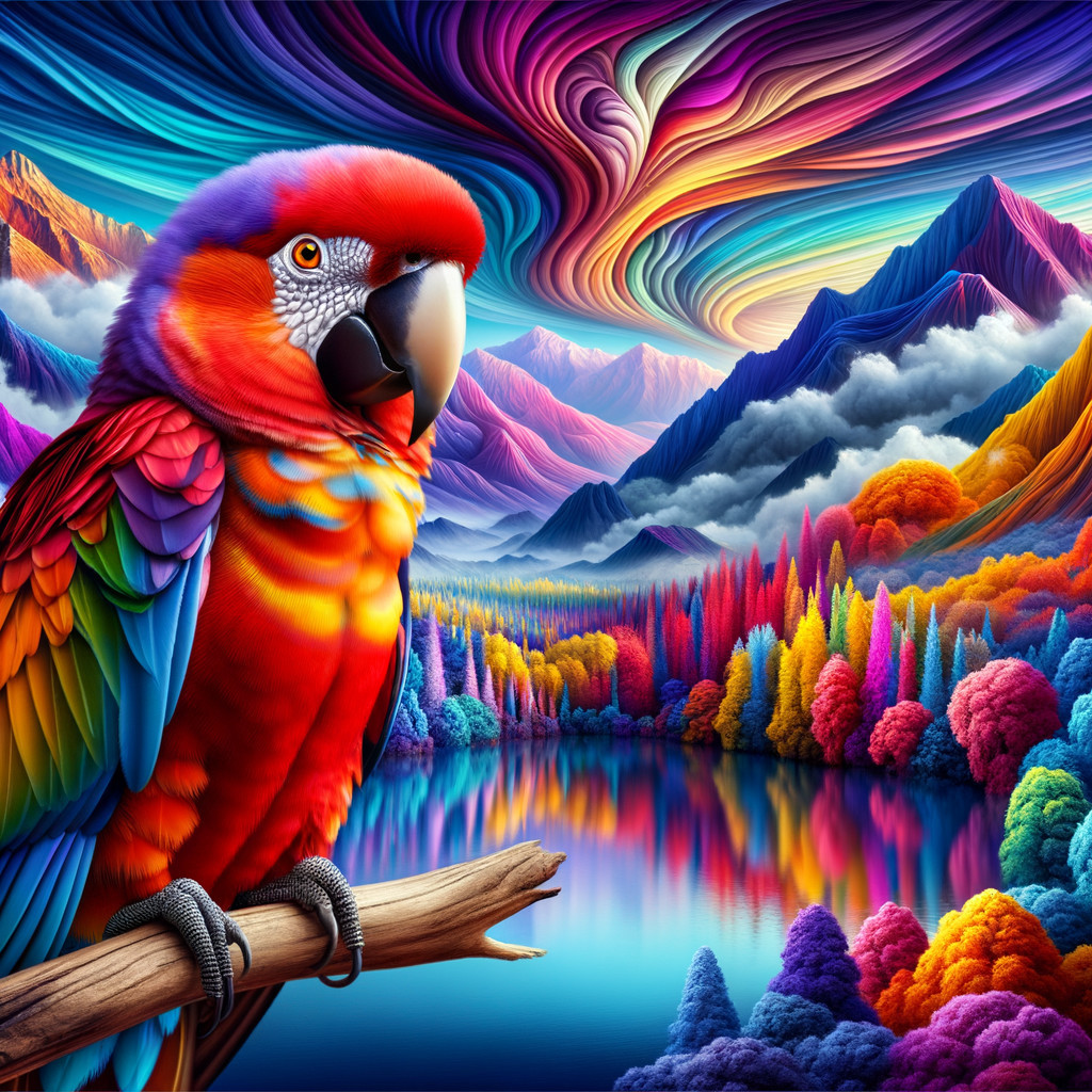 Vibrant Parrot in a Surreal Colorful Landscape