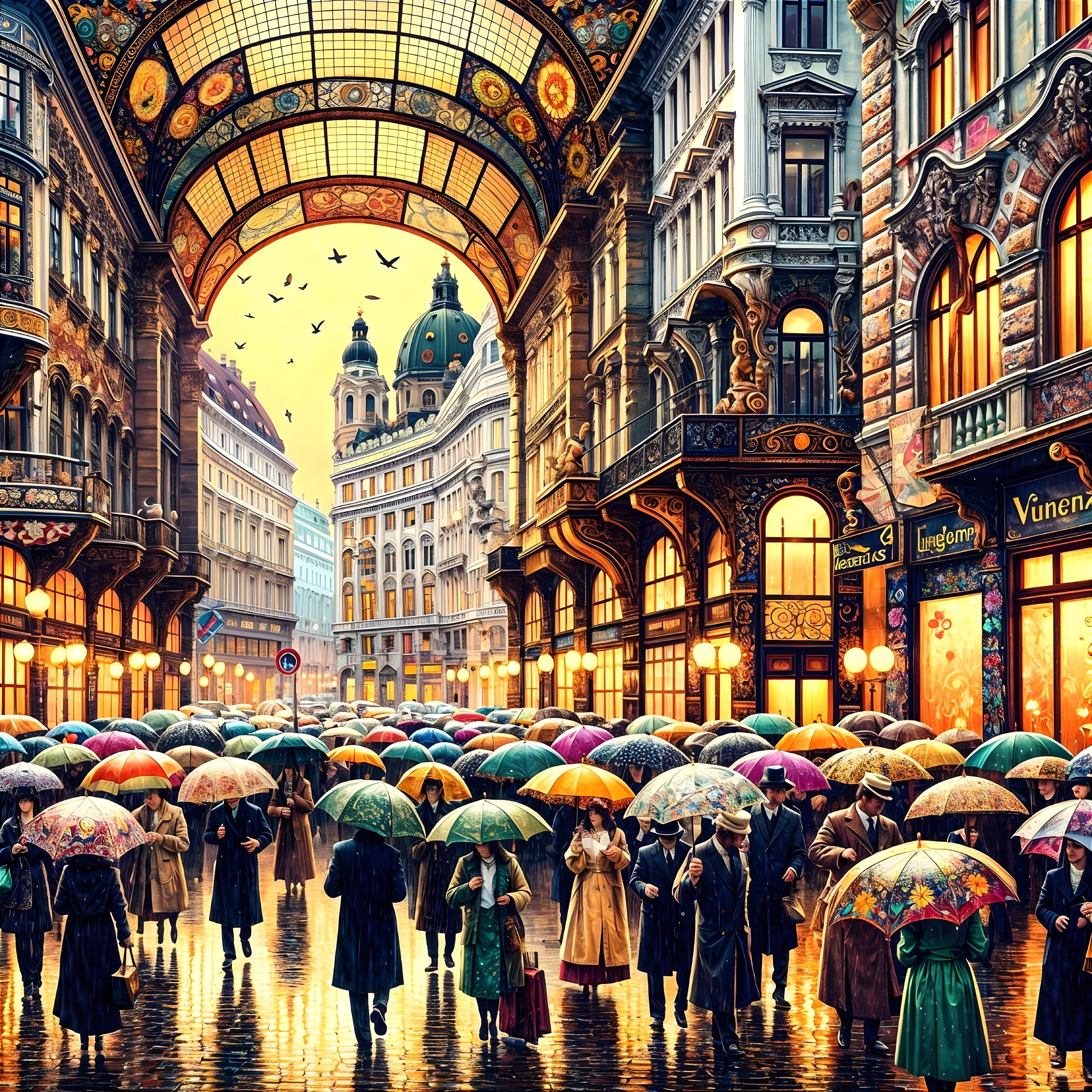 Vibrant City Street Scene with Colorful Umbrellas