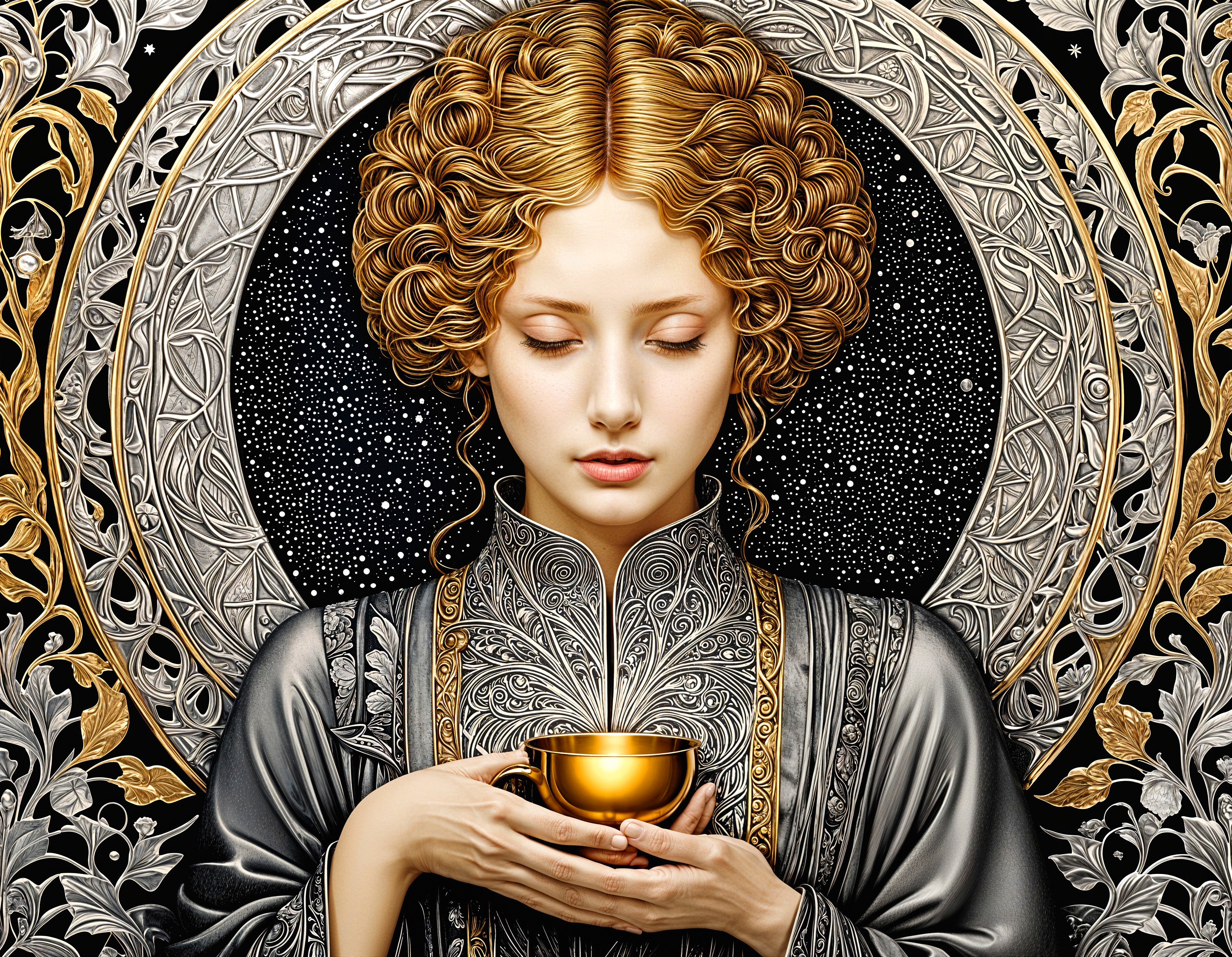 Young Woman with Golden Cup in Mystical Setting