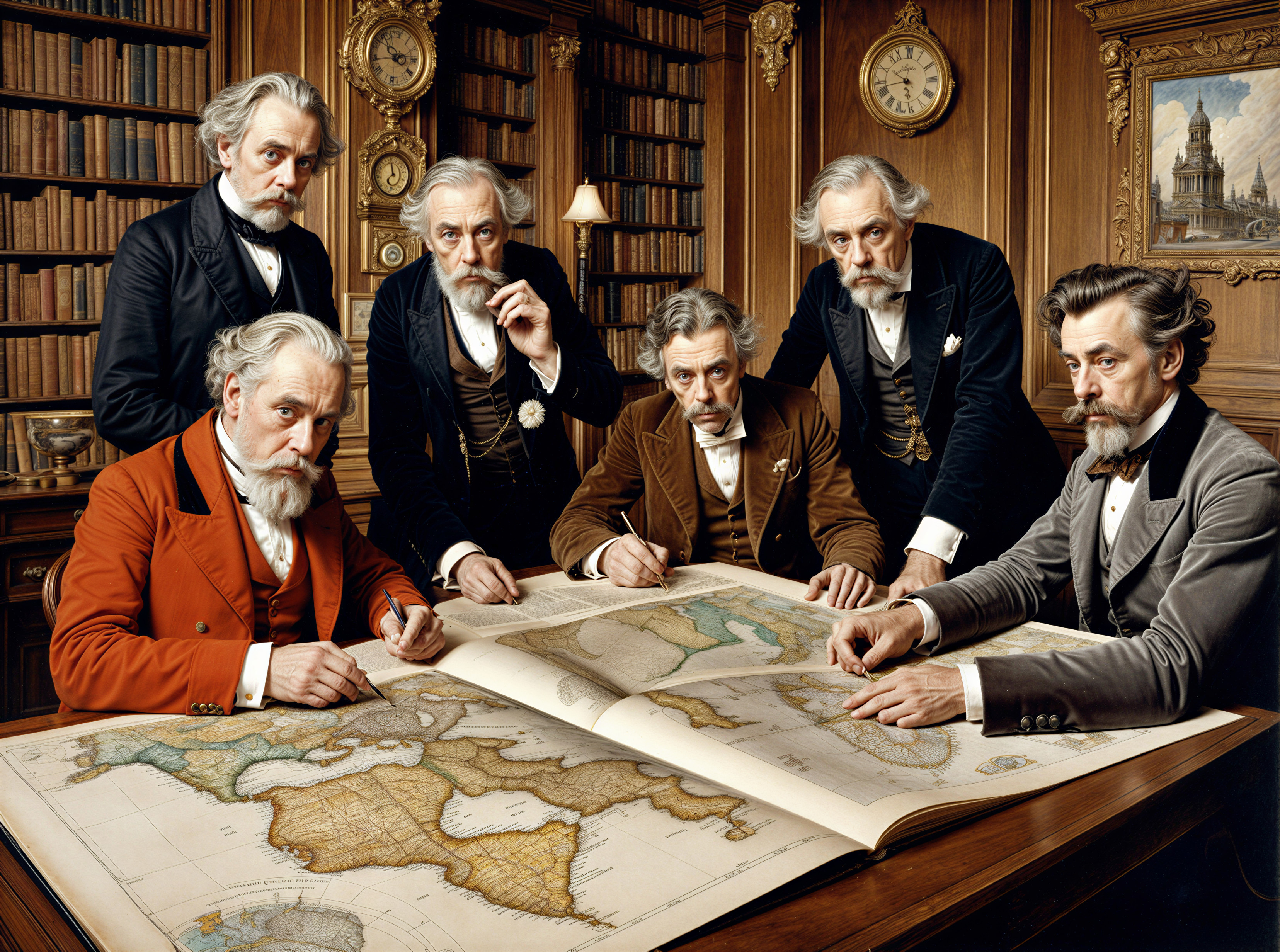 19th-Century Gentlemen Analyzing a Detailed Map