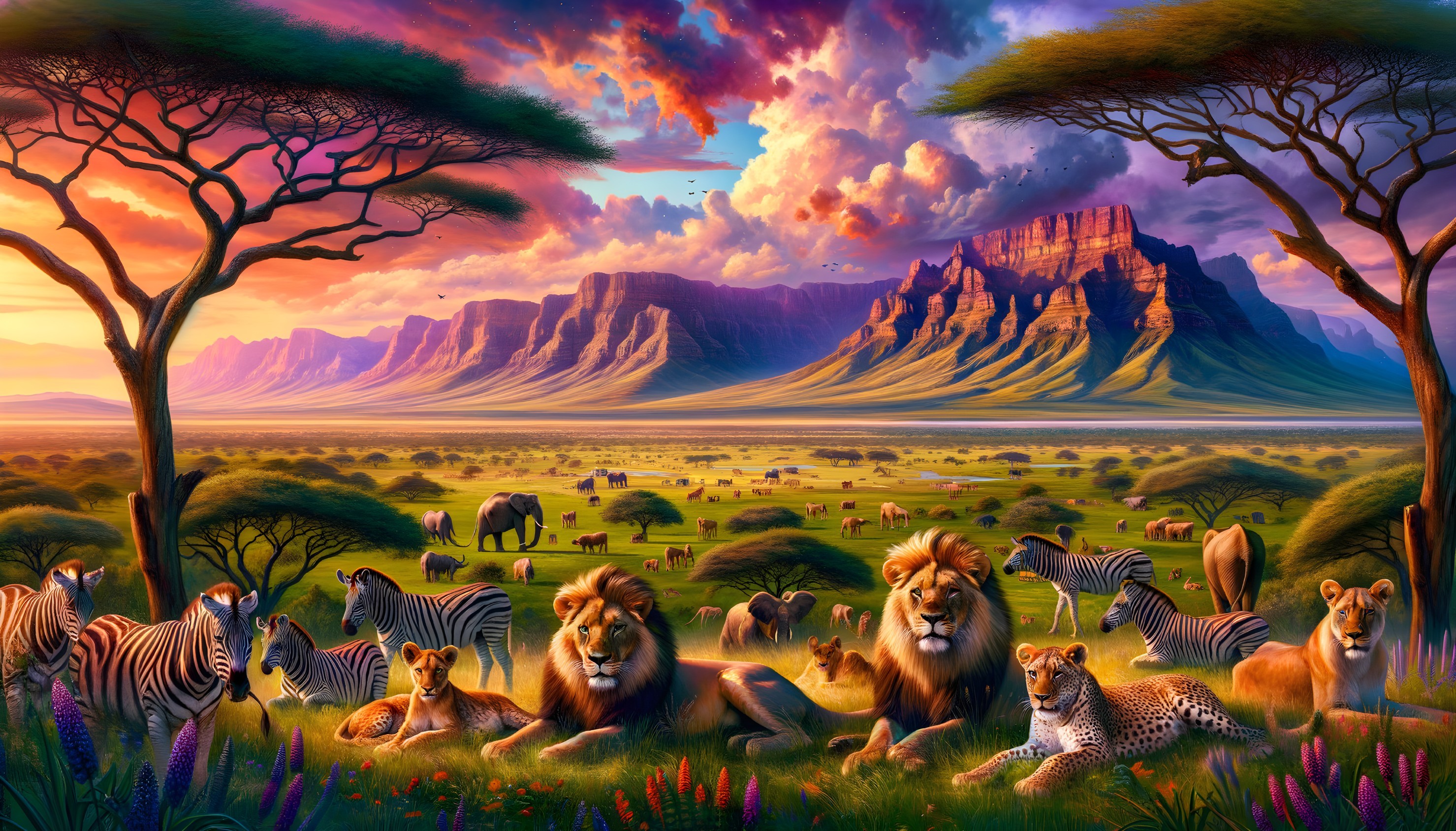 Illustration of African Savannah with Wildlife and Sunset
