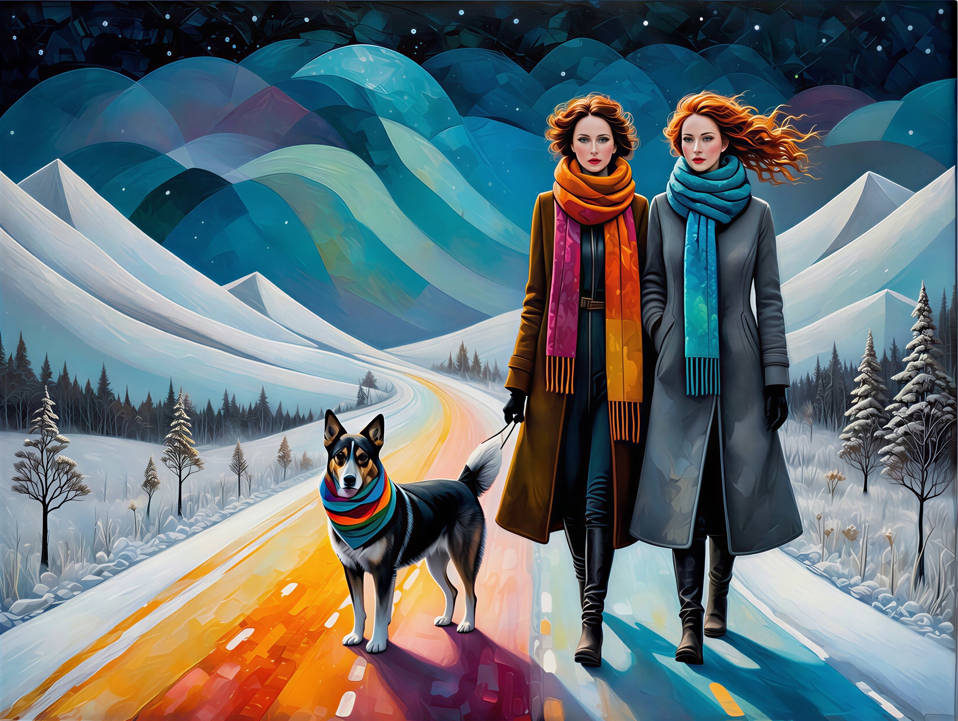 Women with red hair and dog on colorful snowy road