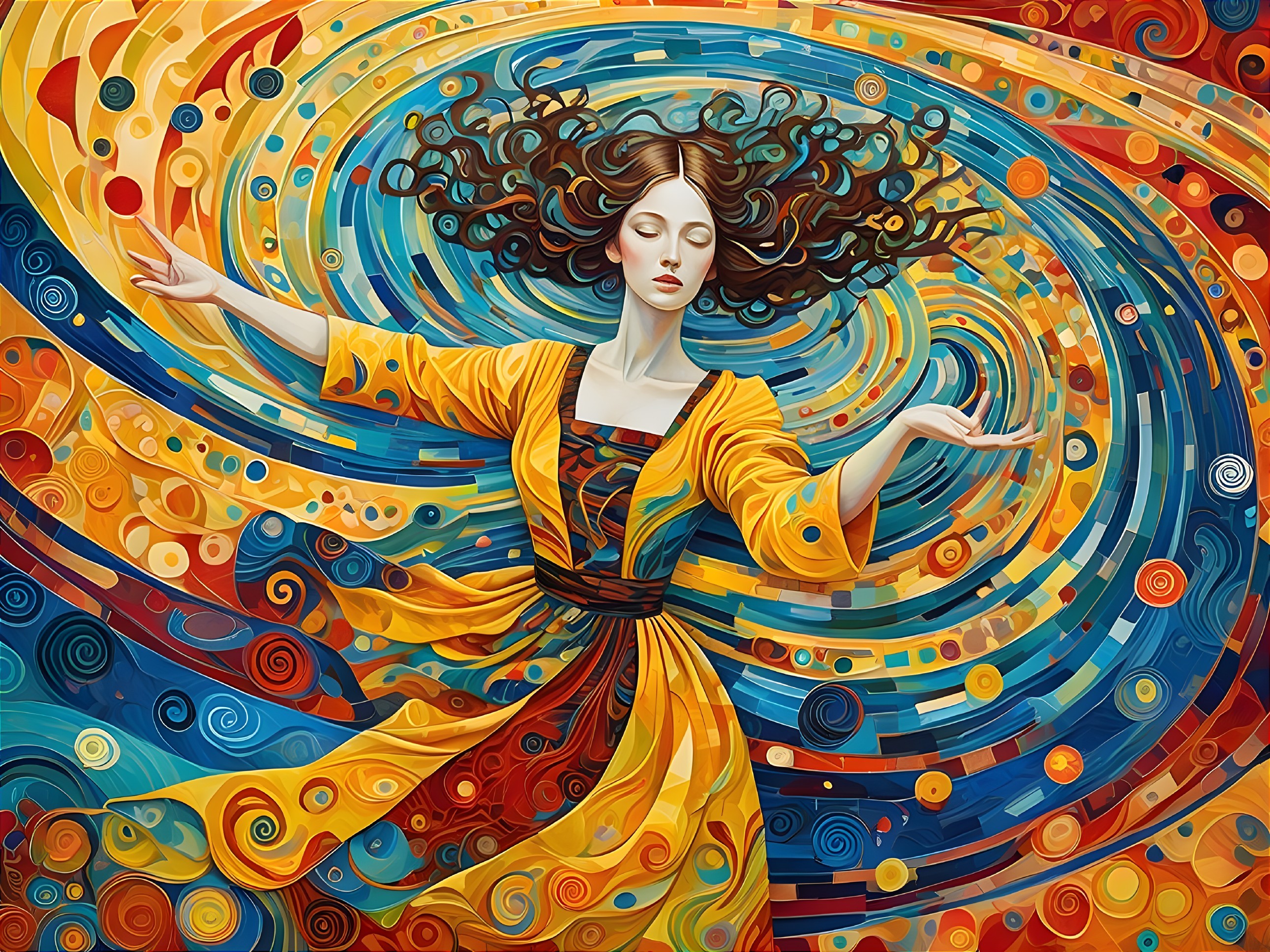 Woman in Colorful Dress Dancing Amidst Vibrant Patterns