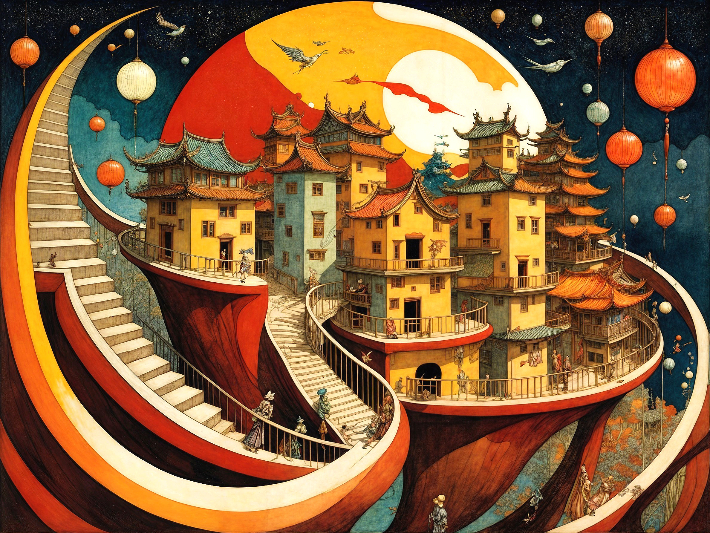 Fantasy Painting with Asian Architecture and Lanterns