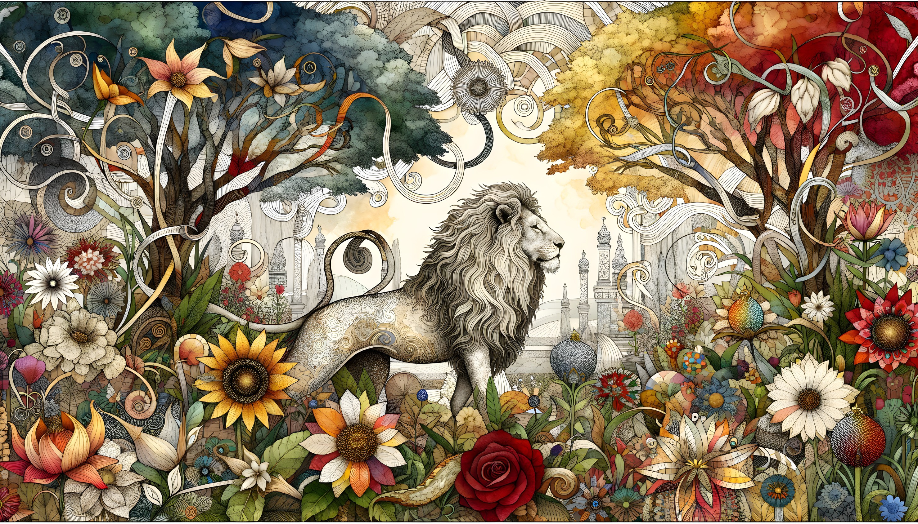 Majestic lion in a vibrant, artistic landscape