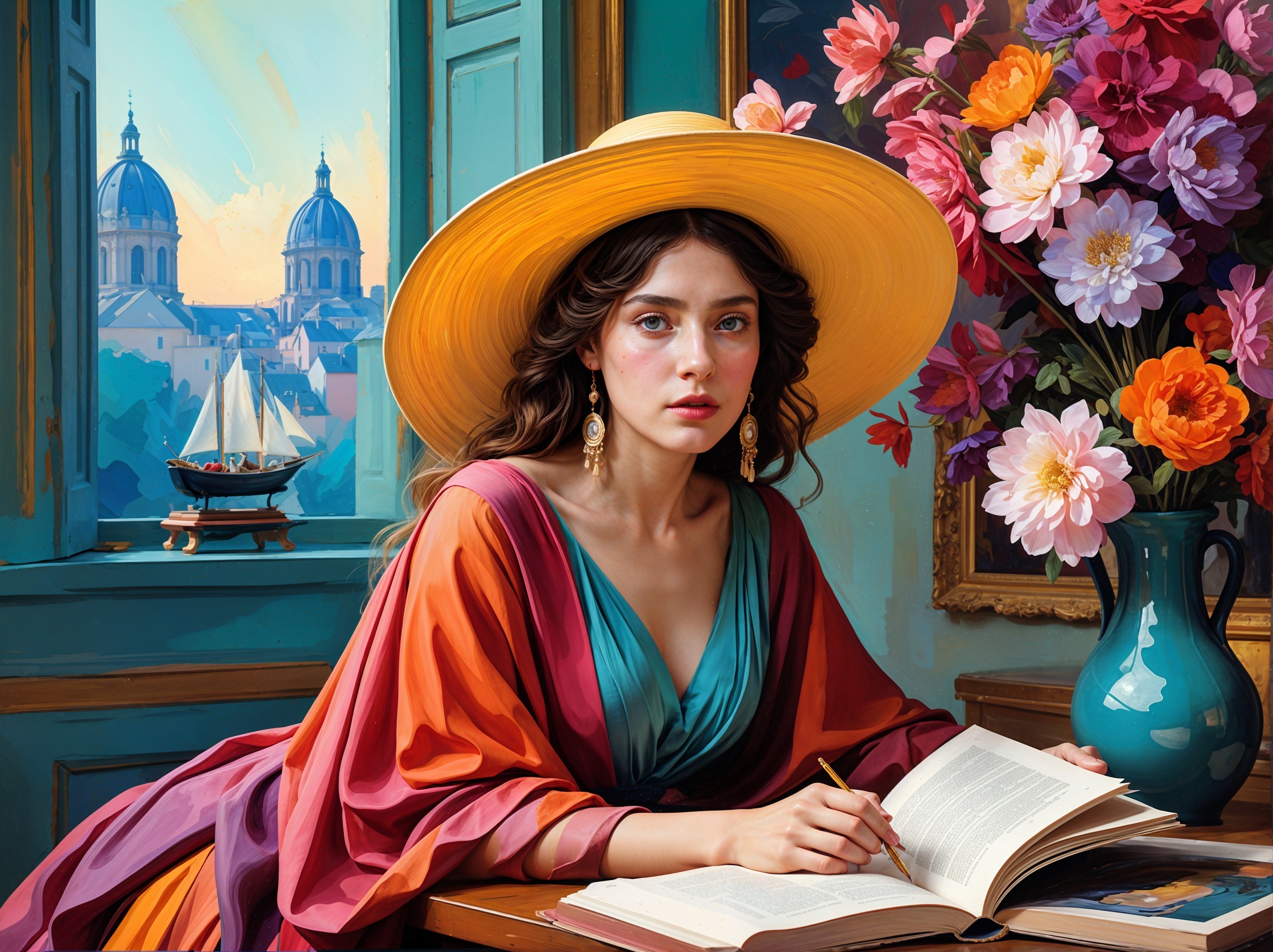 Young woman at table with flowers and open book