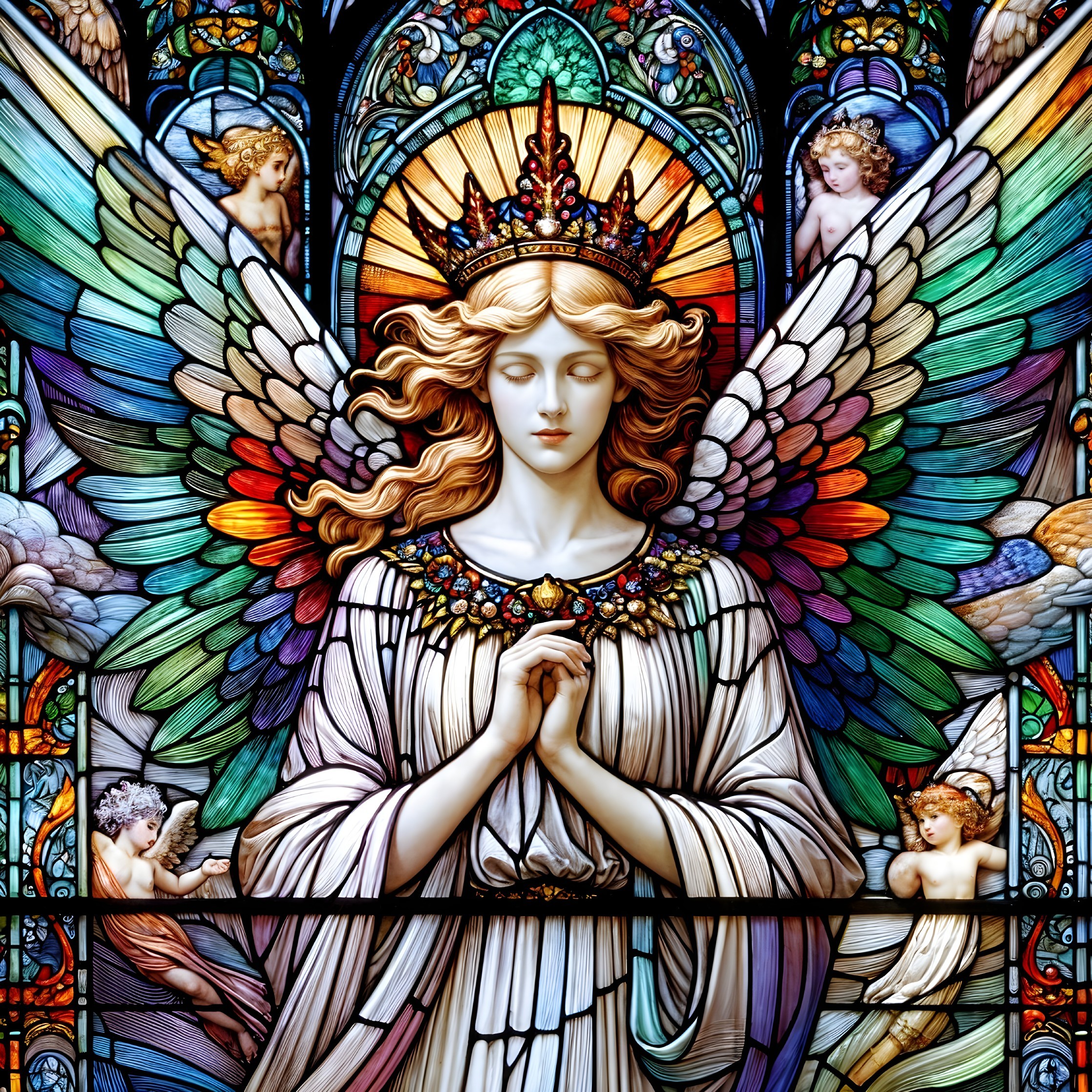 Stained Glass Artwork of an Ethereal Angel with Wings
