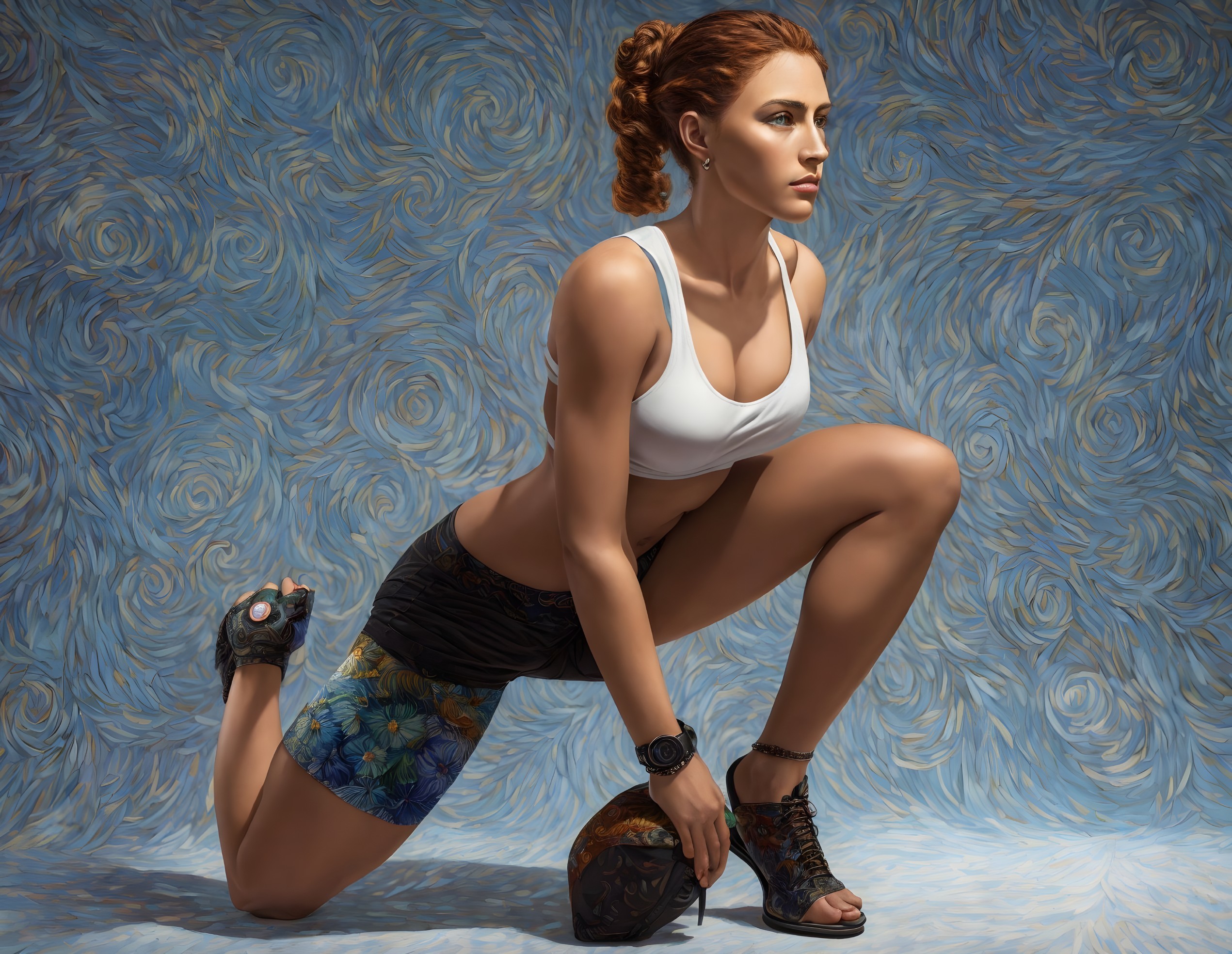 Athletic woman with kettlebell on textured blue background