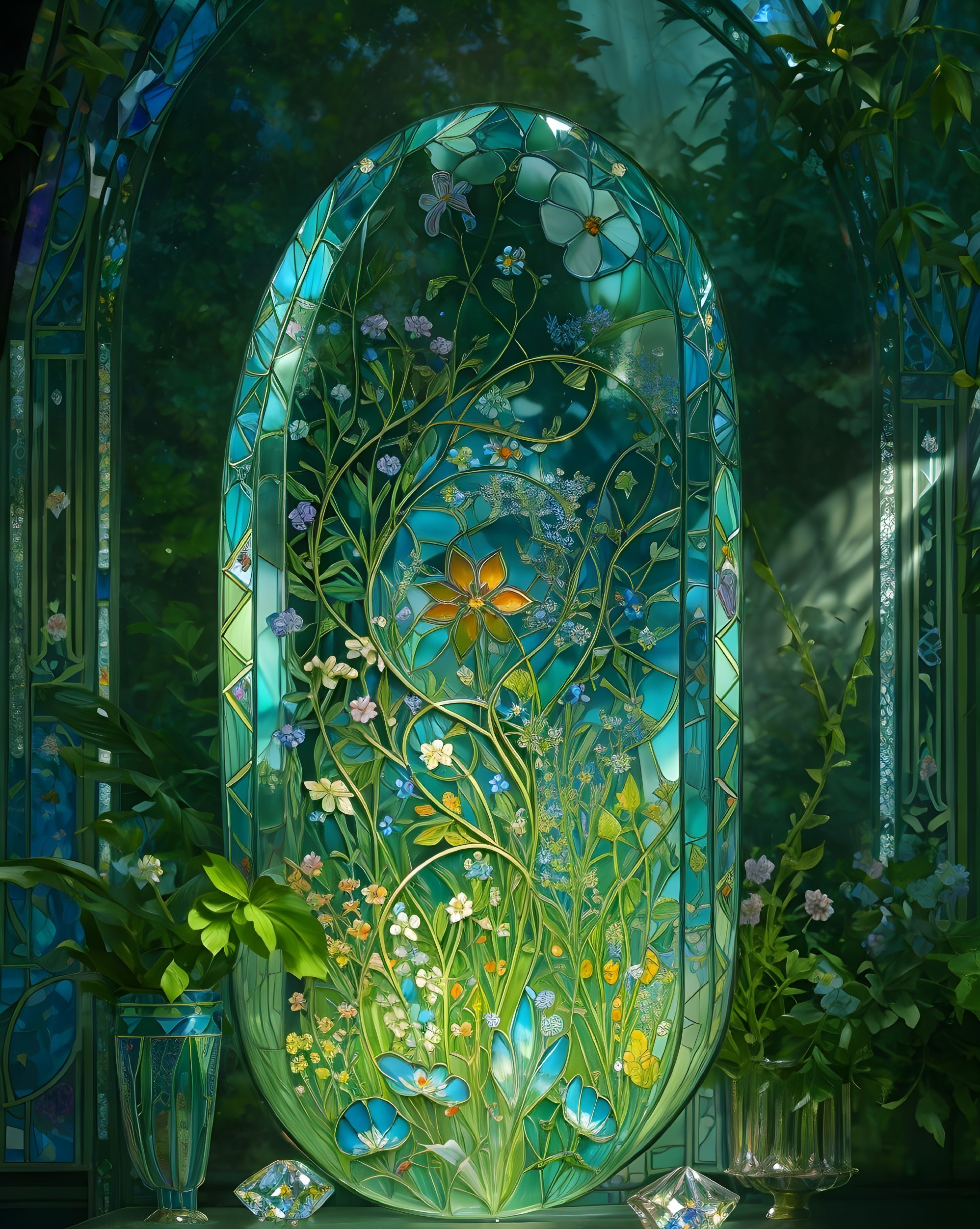 Ornate Stained Glass Window with Floral Designs